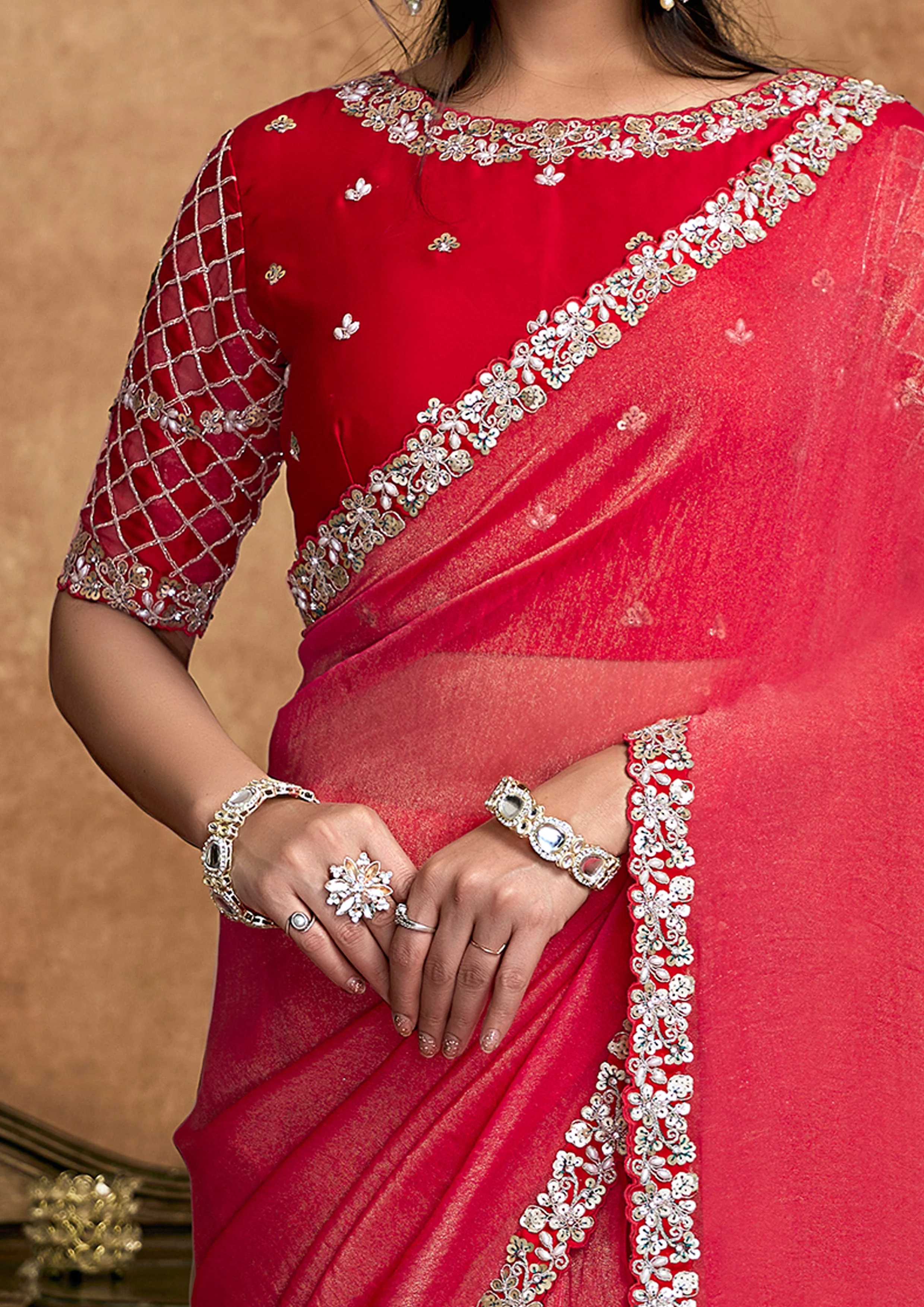 Cherry Red Embellished Shimmer Organza Silk Saree - Image 4
