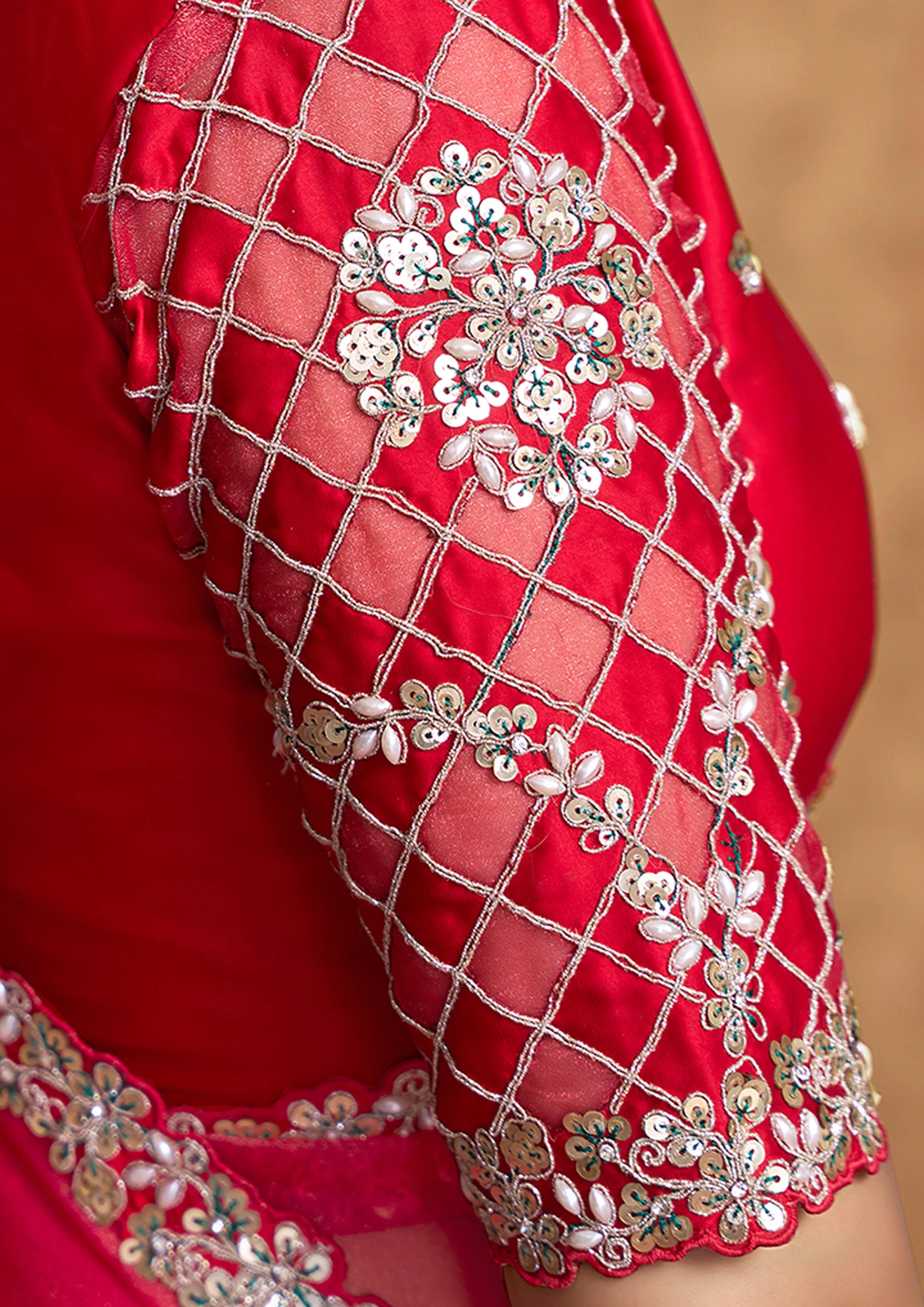 Cherry Red Embellished Shimmer Organza Silk Saree - Image 5