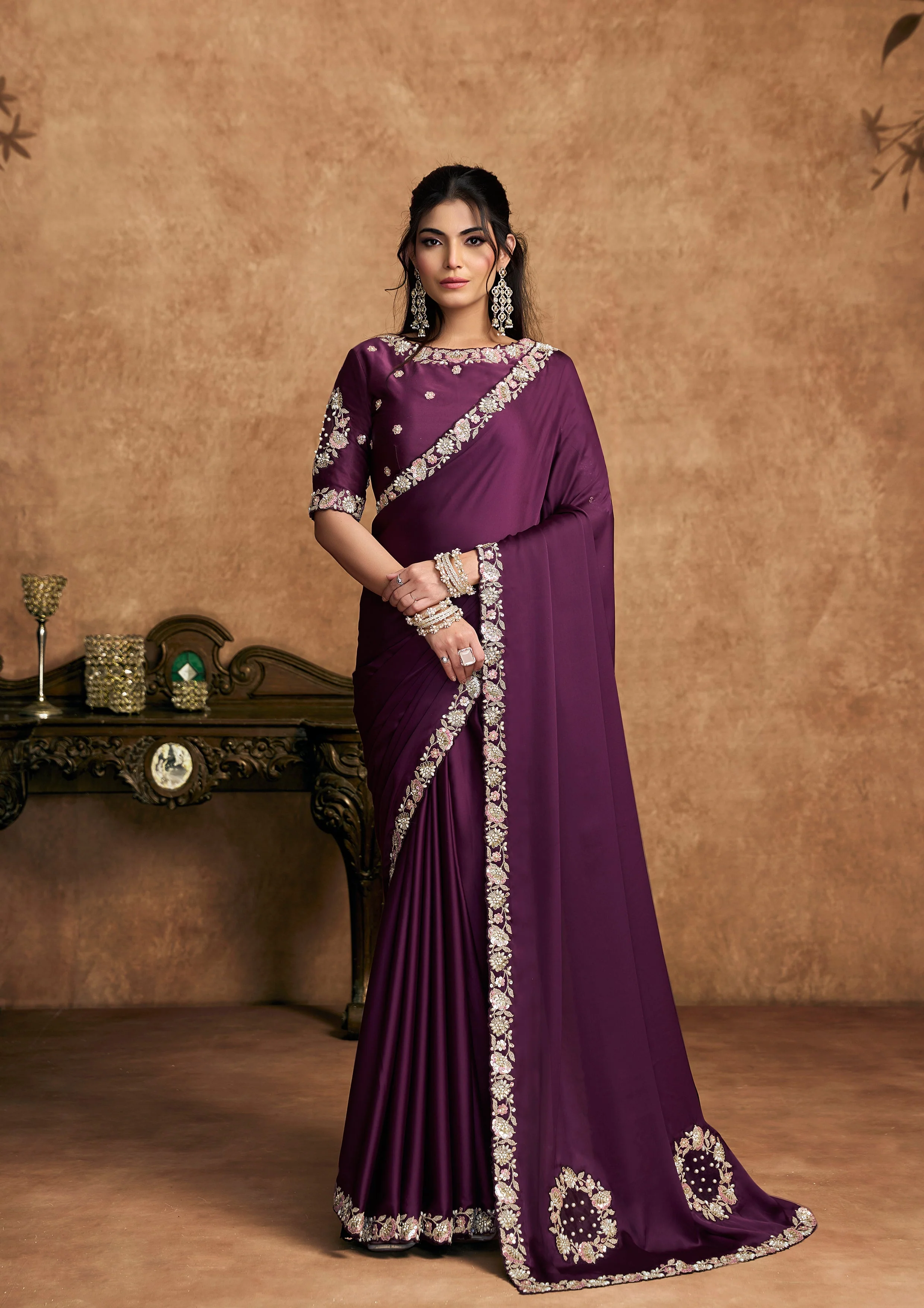 Wine Embellished Satin Silk Saree