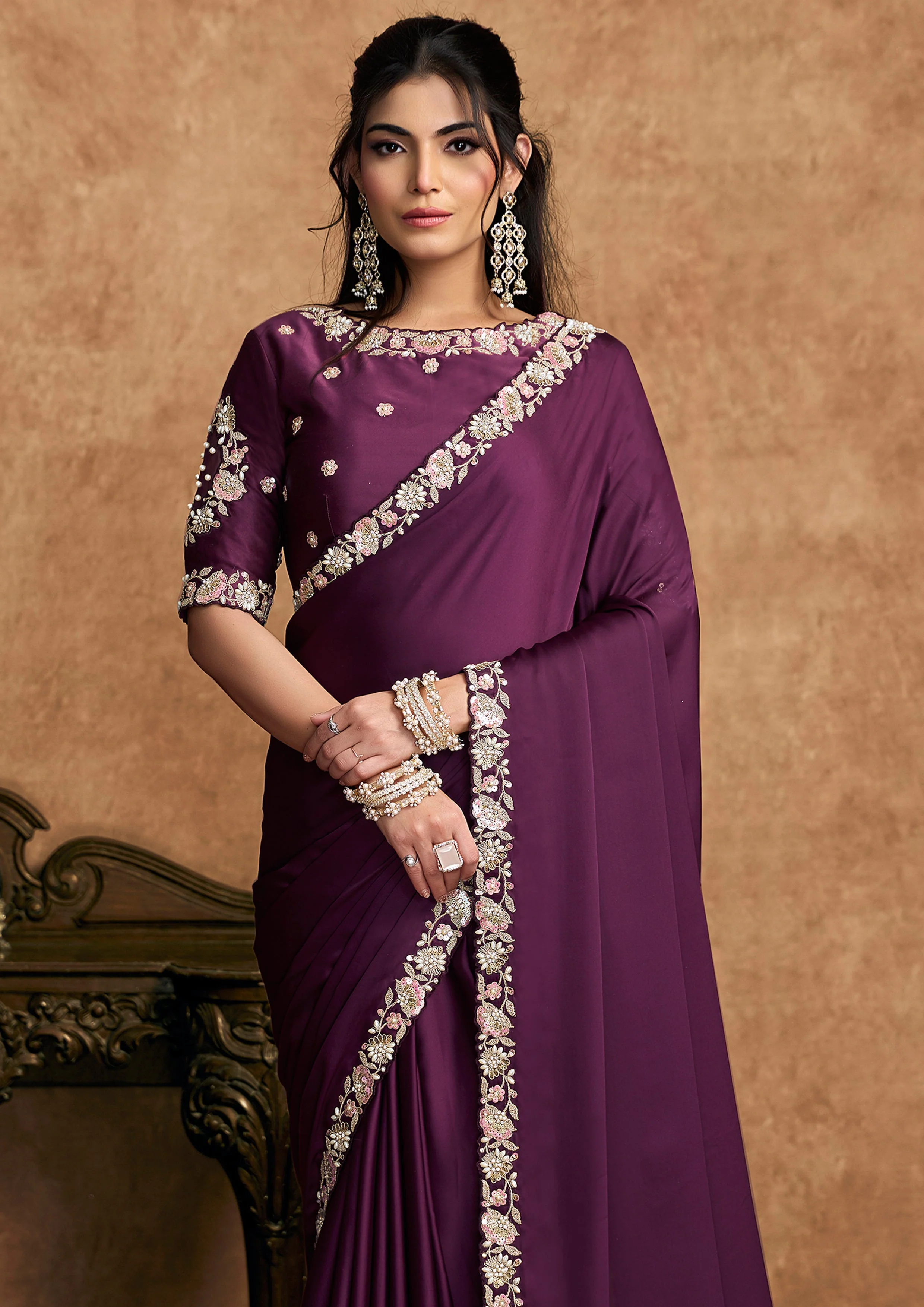 Wine Embellished Satin Silk Saree - Image 2