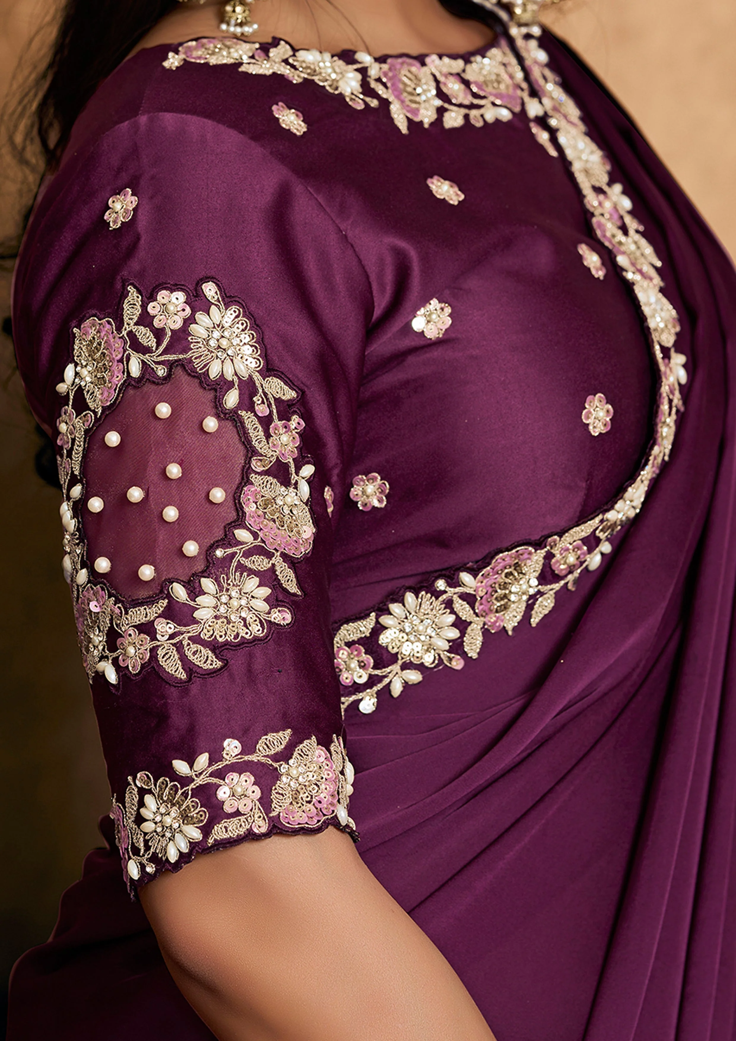 Wine Embellished Satin Silk Saree - Image 3