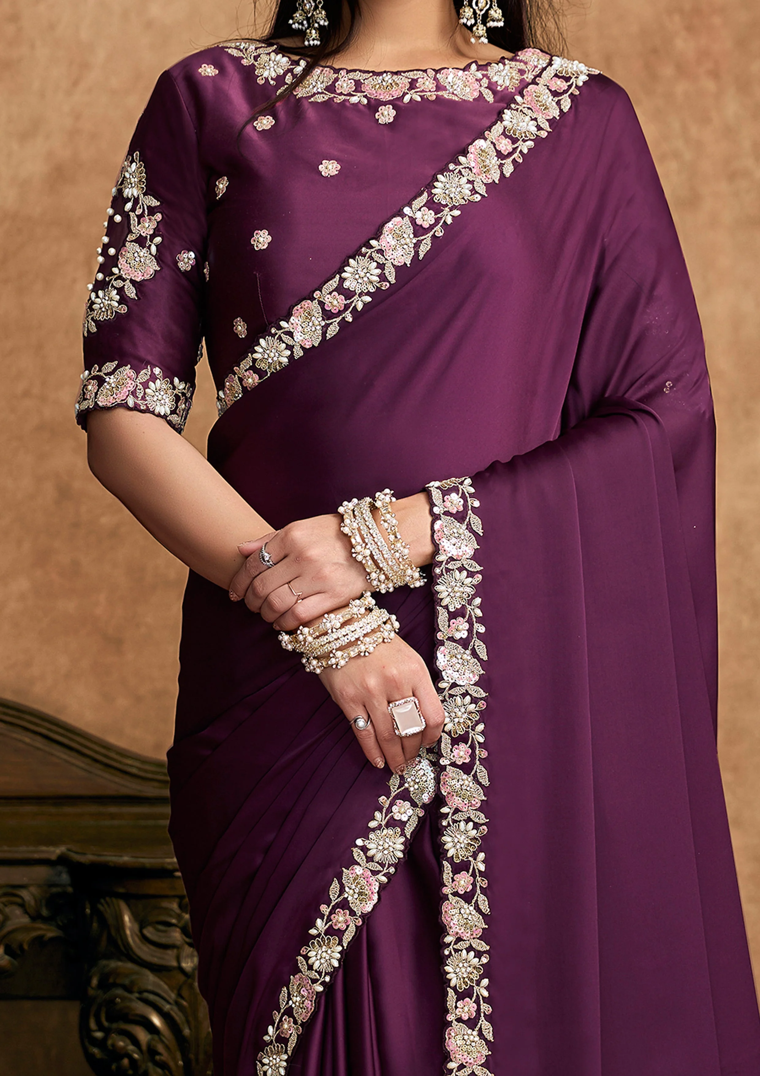 Wine Embellished Satin Silk Saree - Image 4