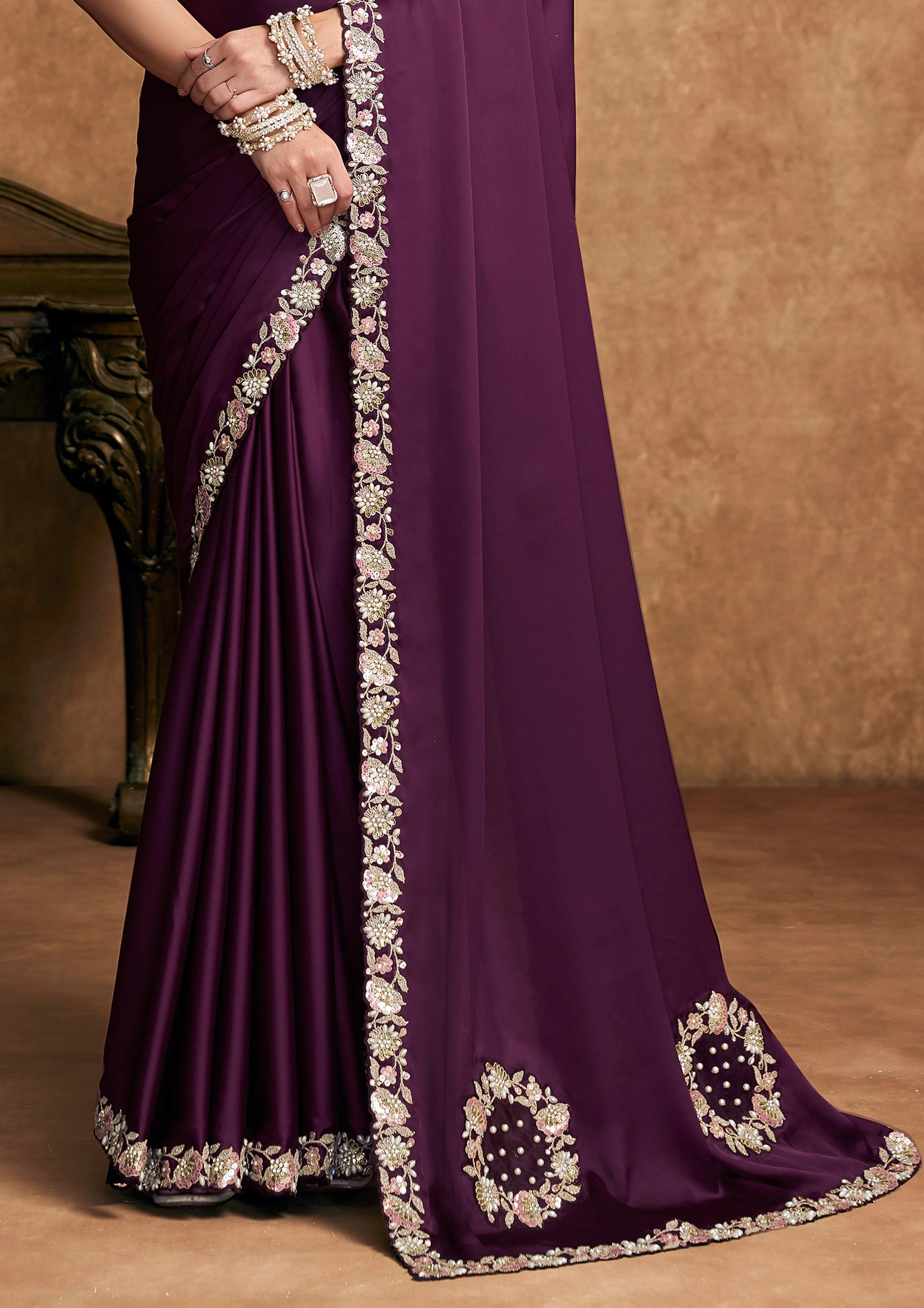 Wine Embellished Satin Silk Saree - Image 5