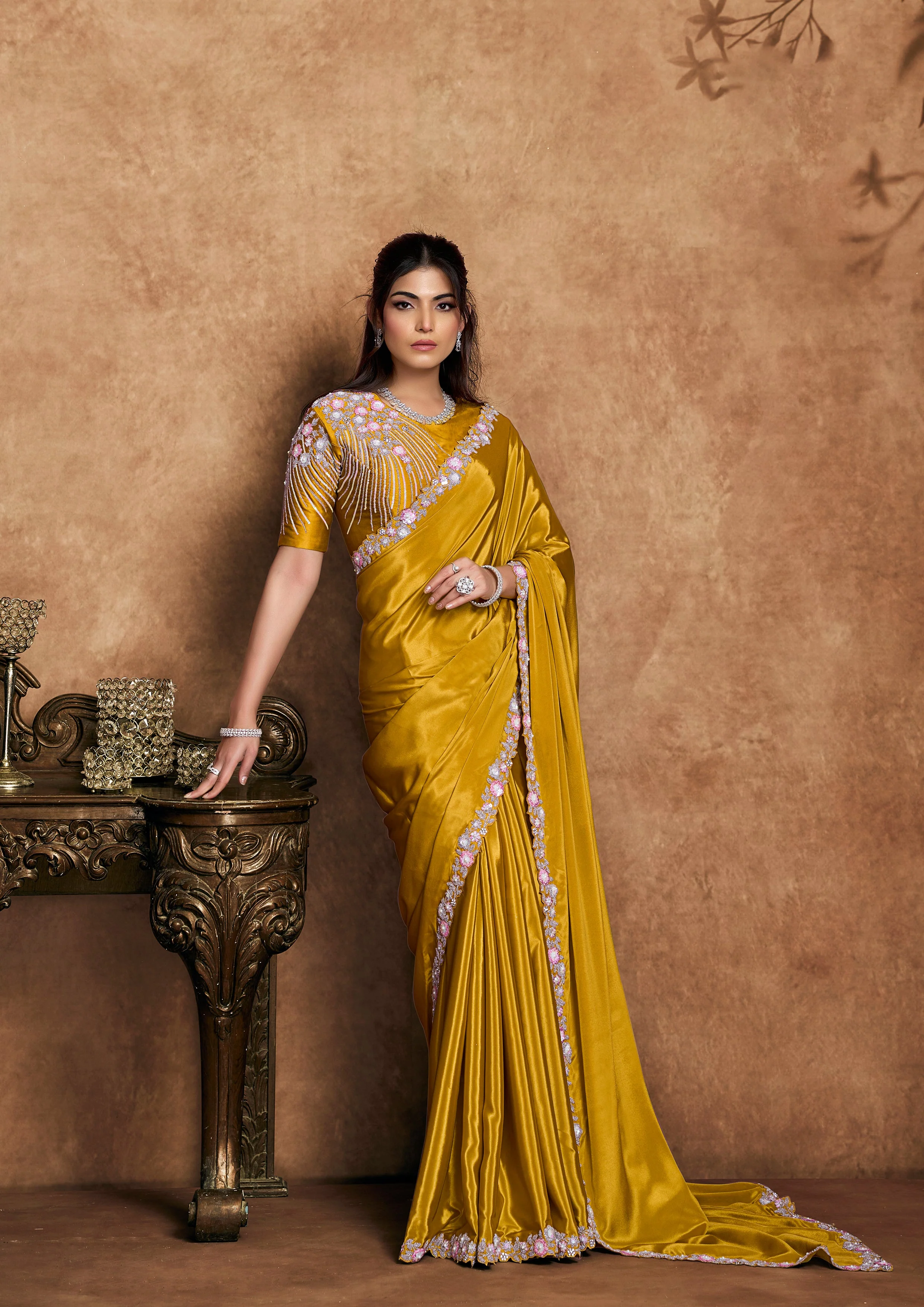 Golden Mustard Embellished Satin Silk Saree