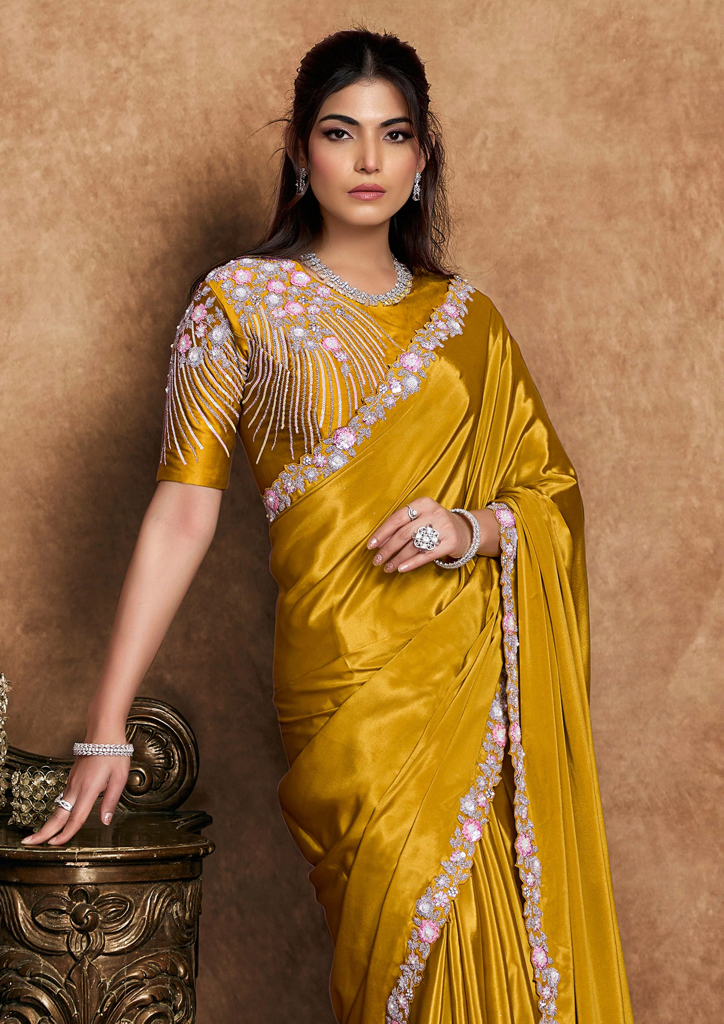 Golden Mustard Embellished Satin Silk Saree - Image 2
