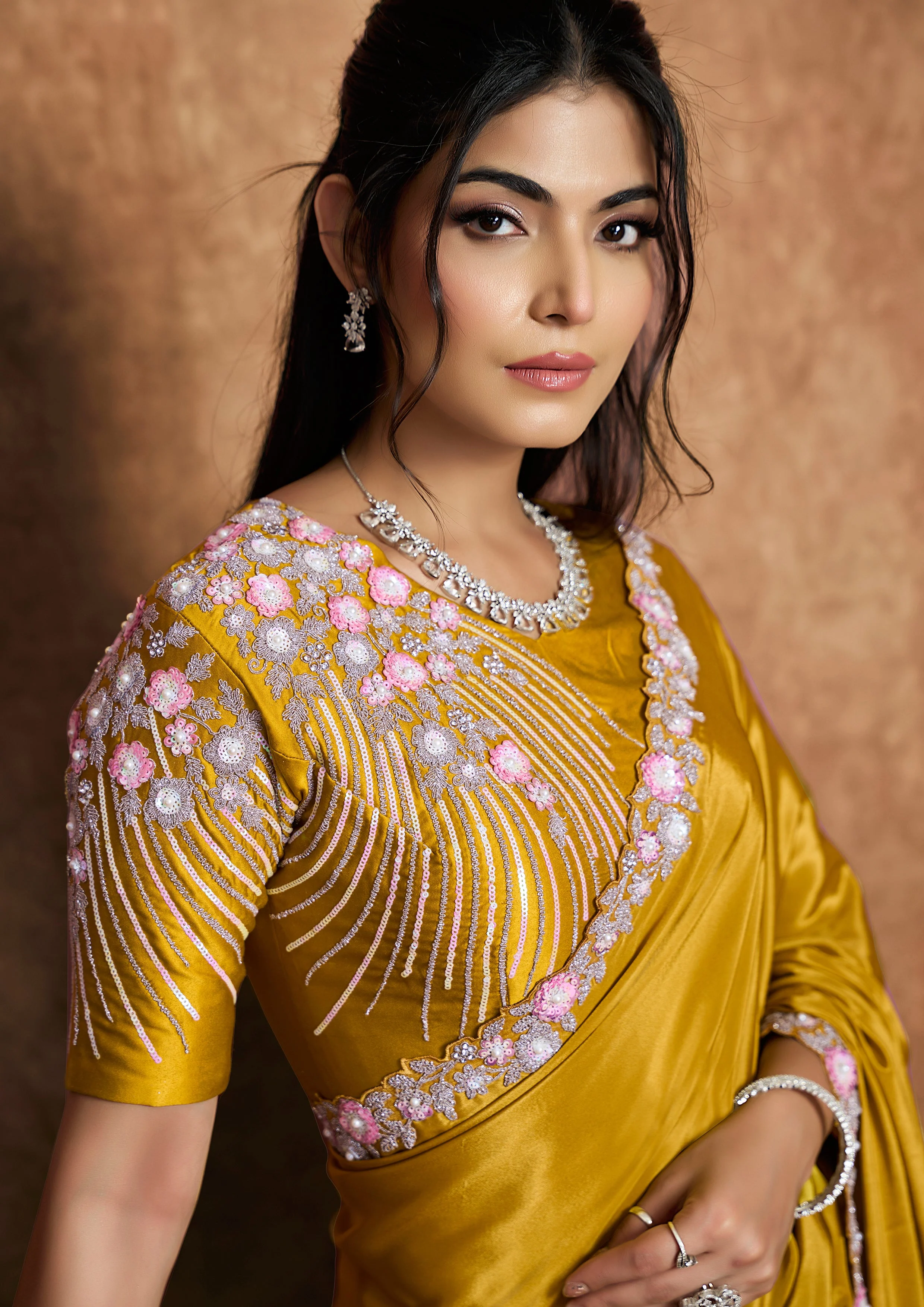 Golden Mustard Embellished Satin Silk Saree - Image 3