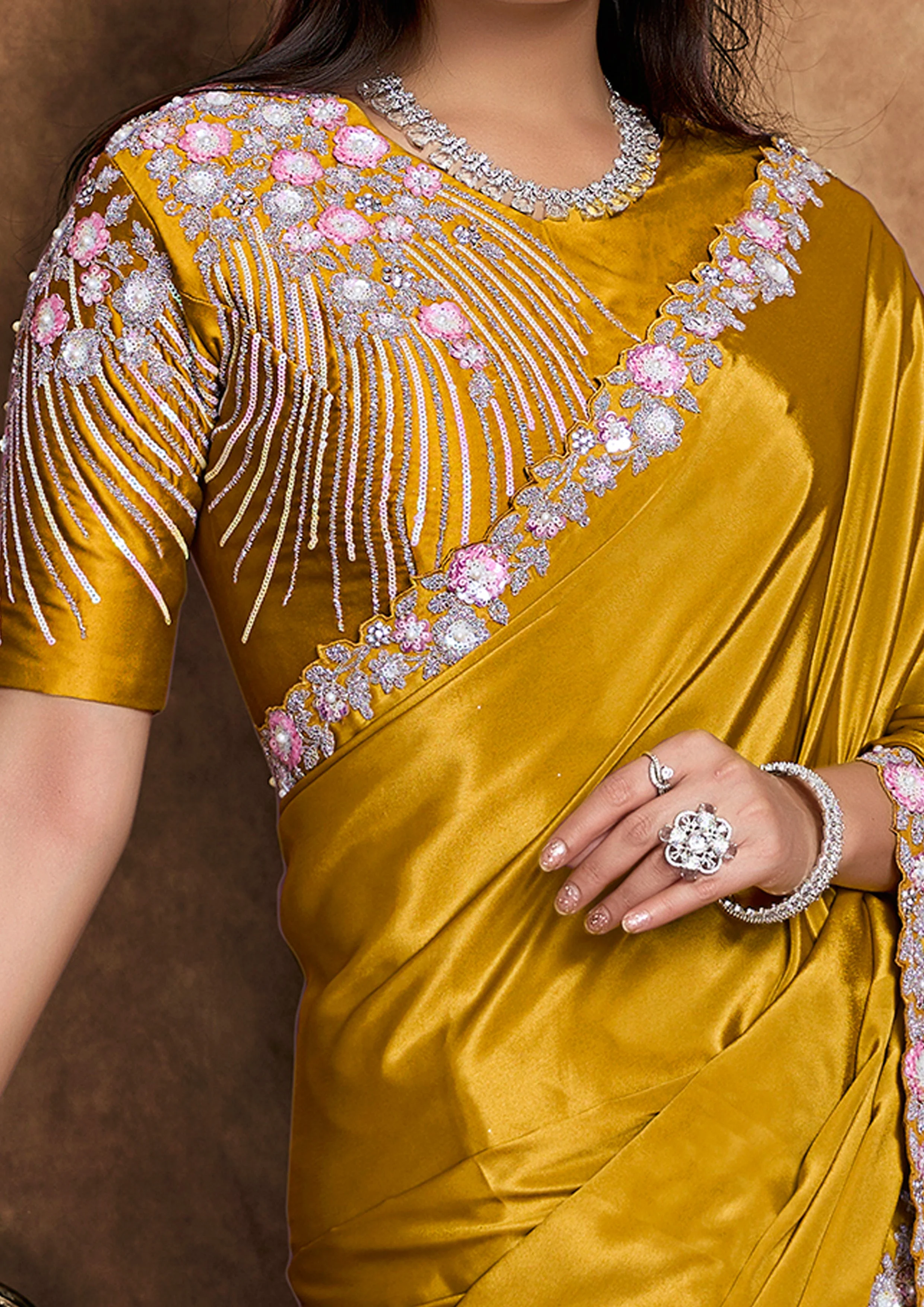 Golden Mustard Embellished Satin Silk Saree - Image 4