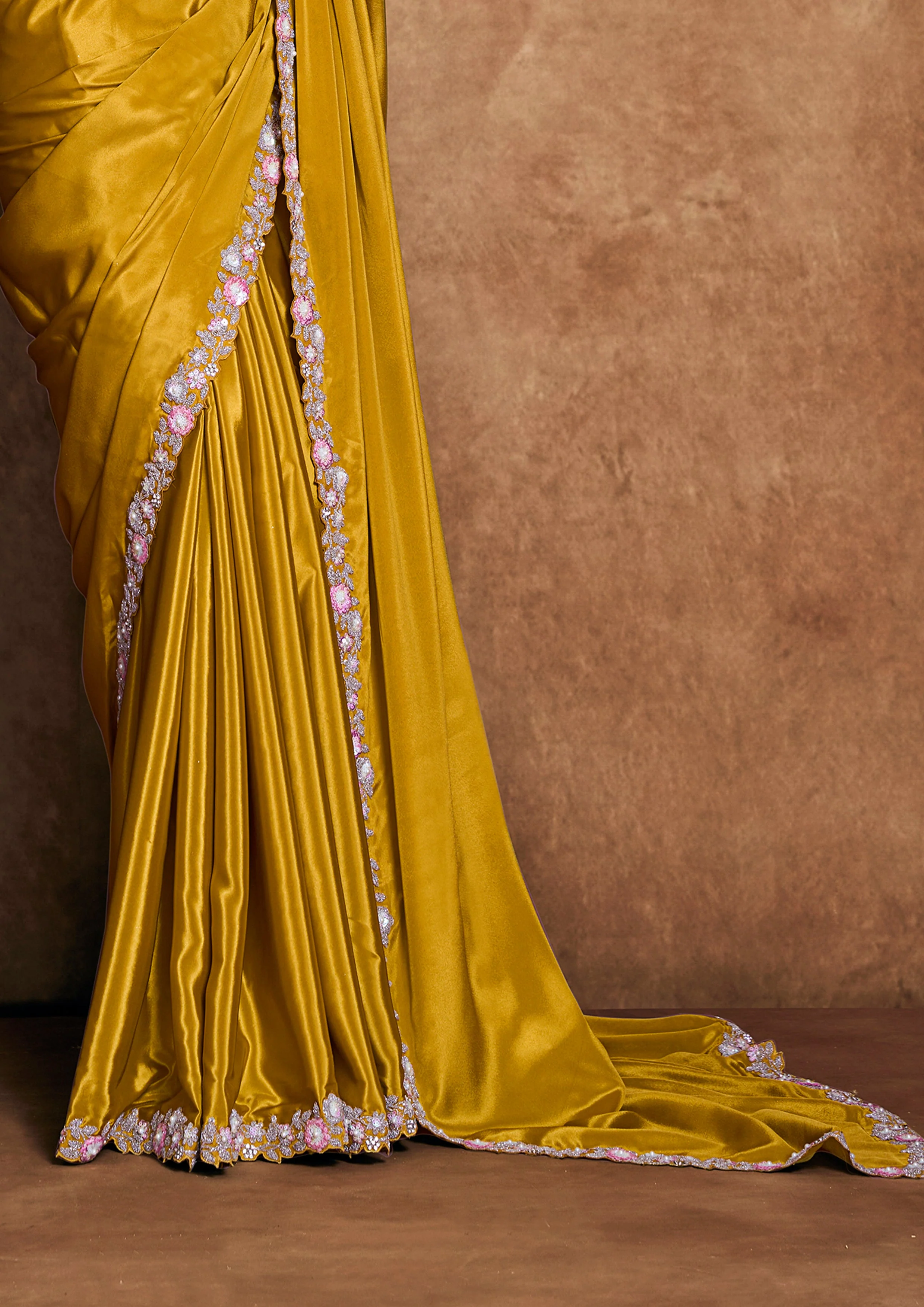 Golden Mustard Embellished Satin Silk Saree - Image 5