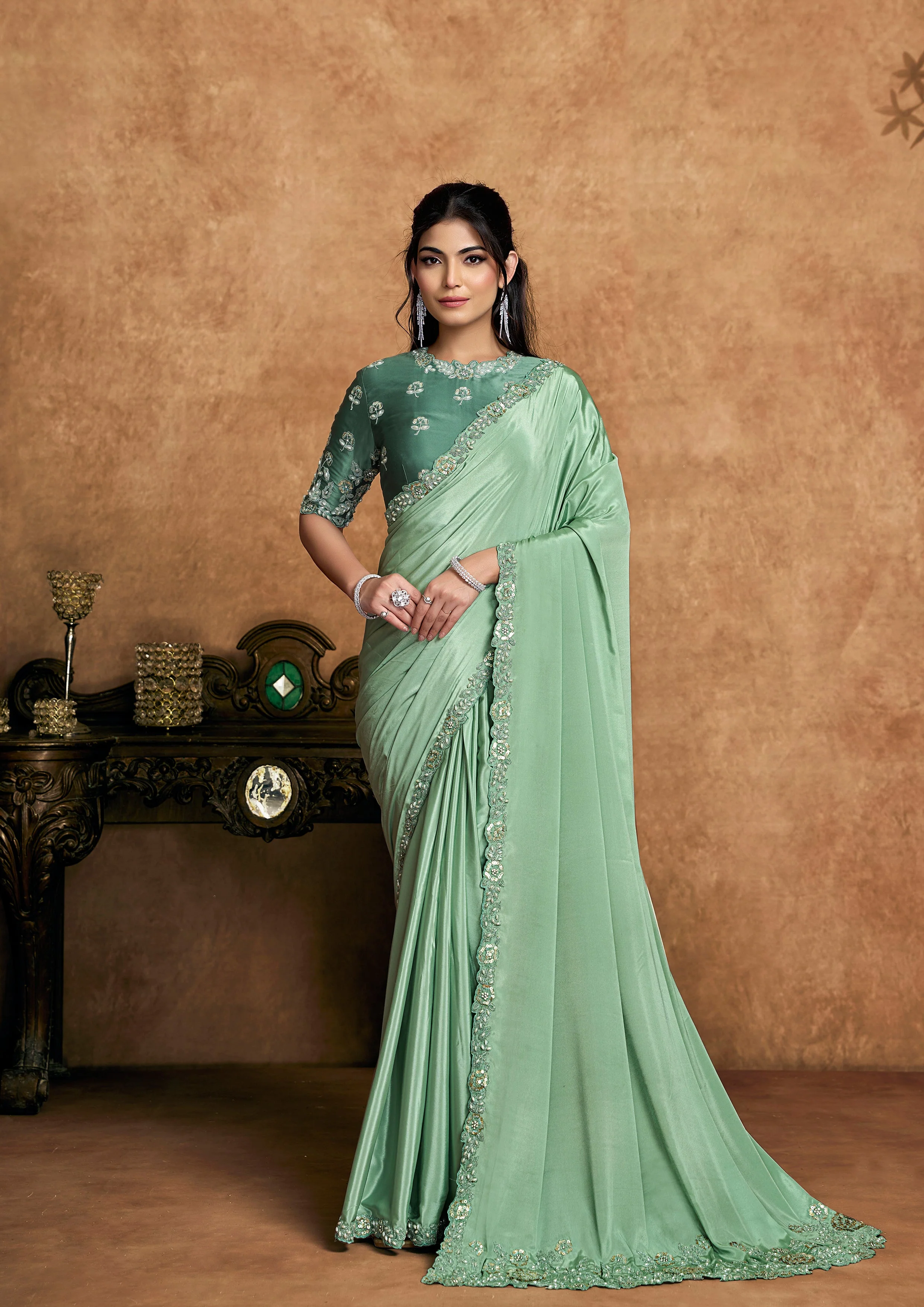 Mint Green Embellished Satin Silk Saree