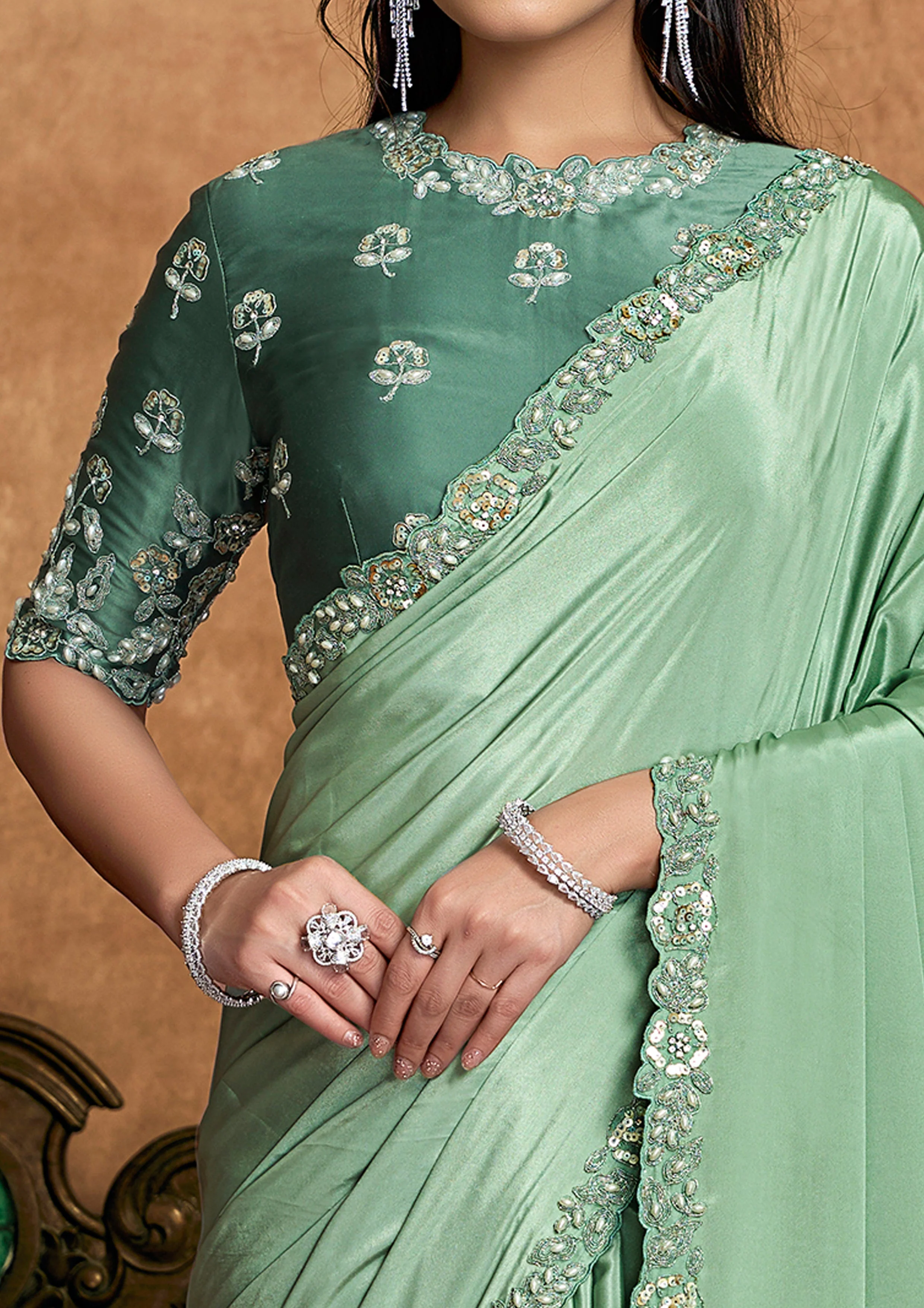 Mint Green Embellished Satin Silk Saree - Image 2