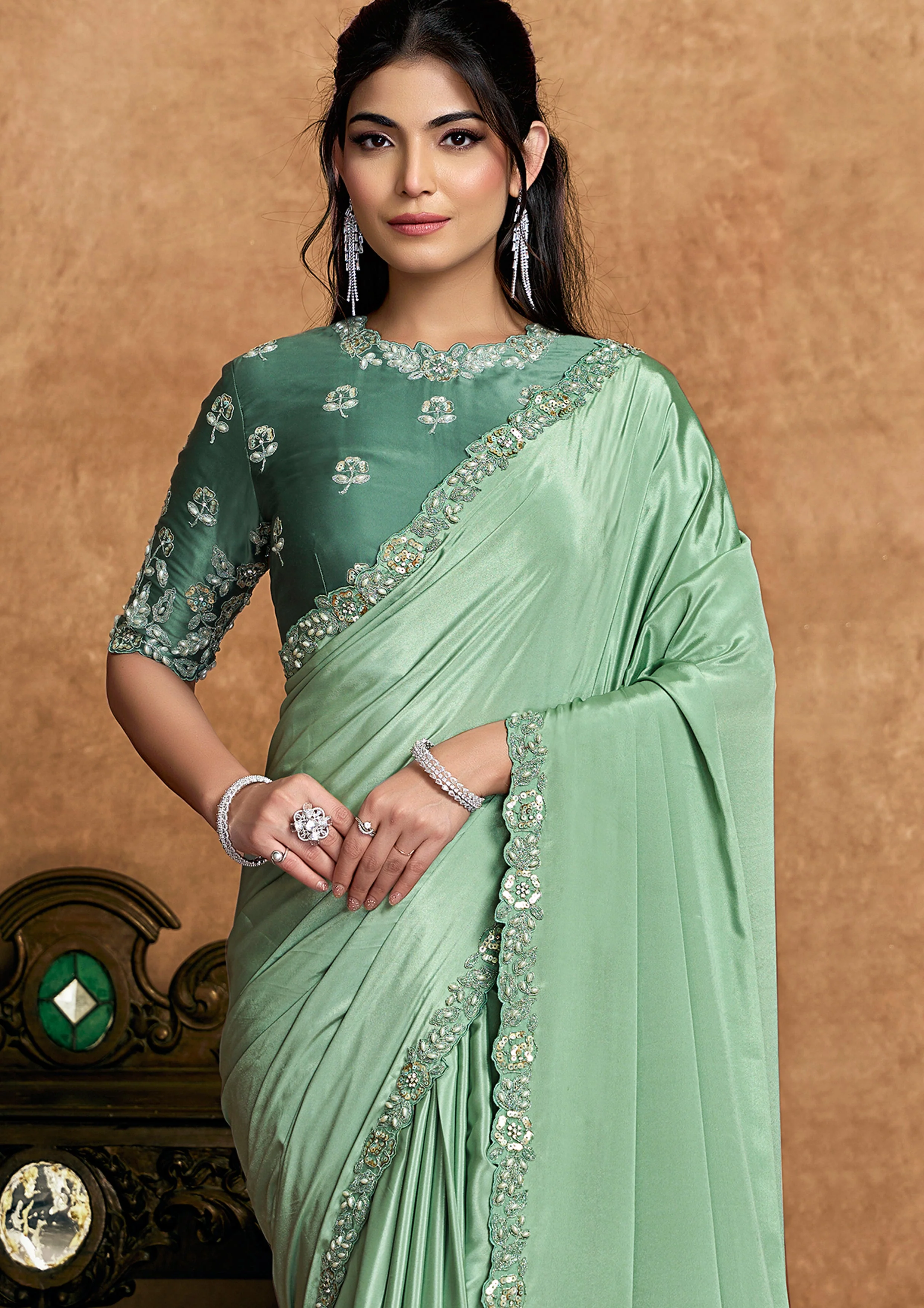 Mint Green Embellished Satin Silk Saree - Image 3