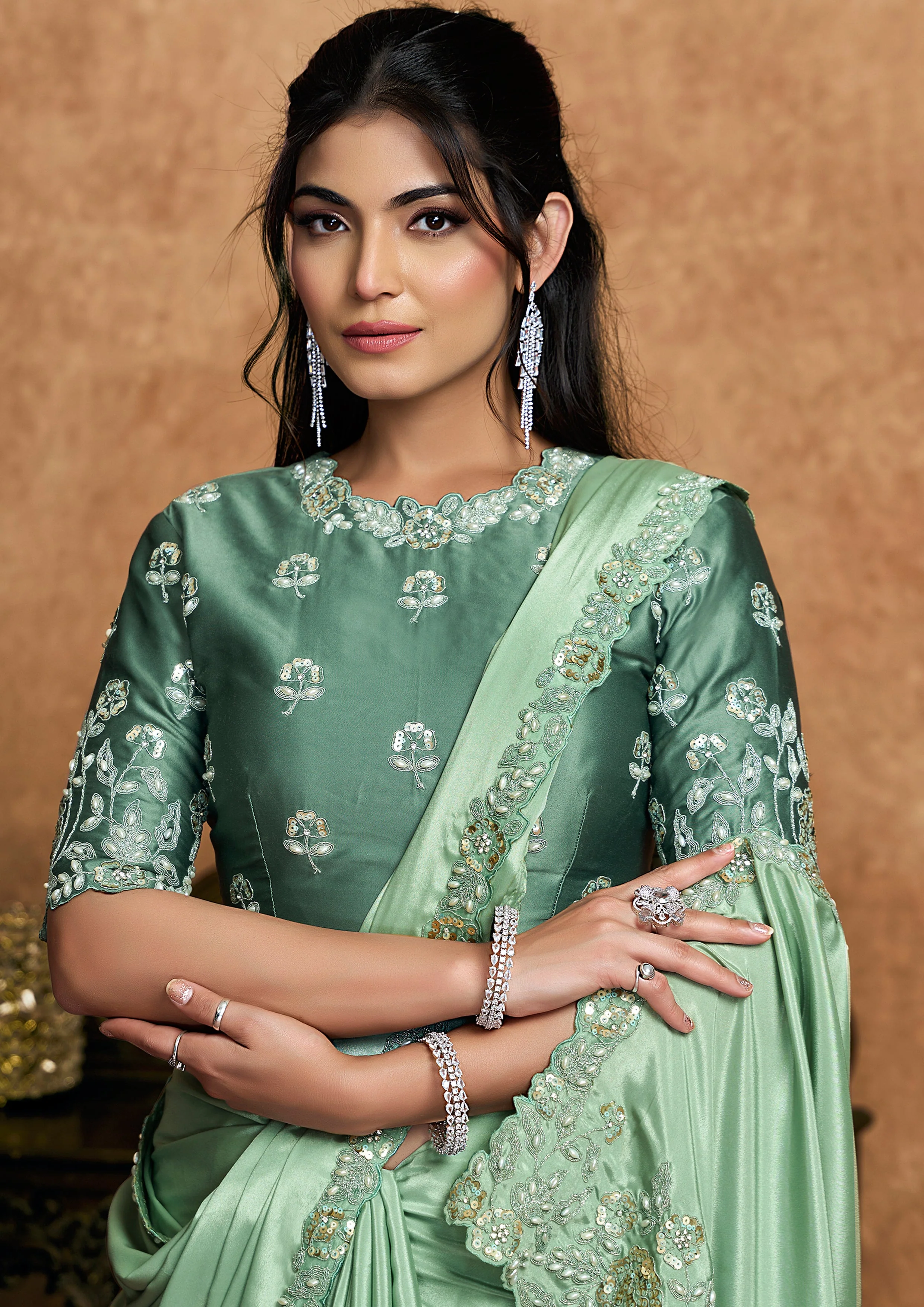 Mint Green Embellished Satin Silk Saree - Image 4