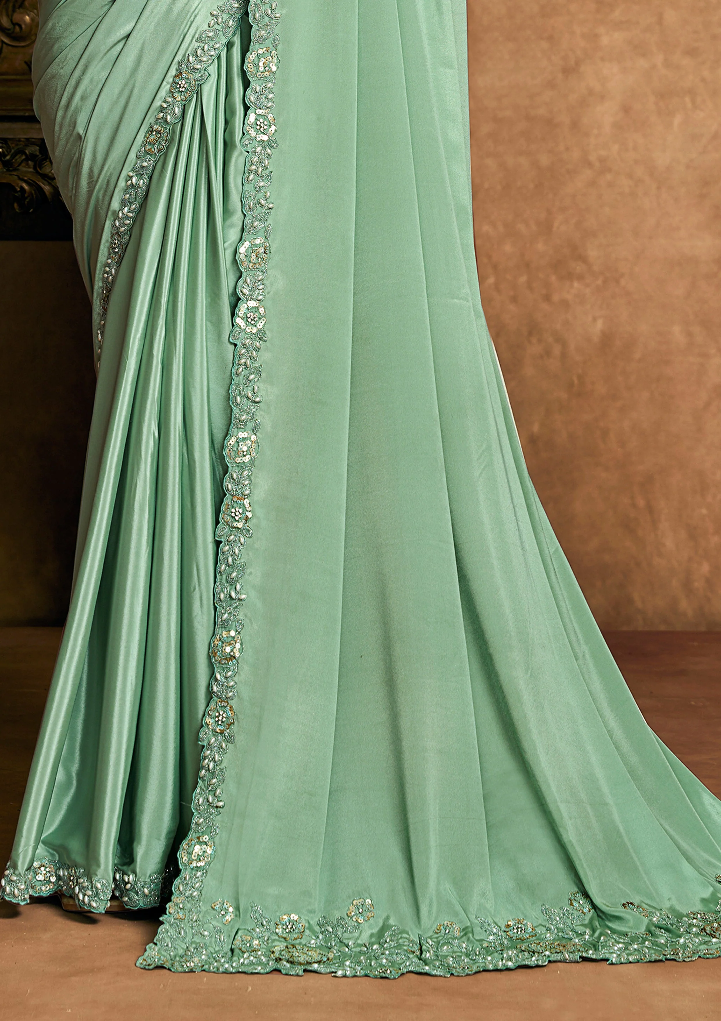 Mint Green Embellished Satin Silk Saree - Image 5