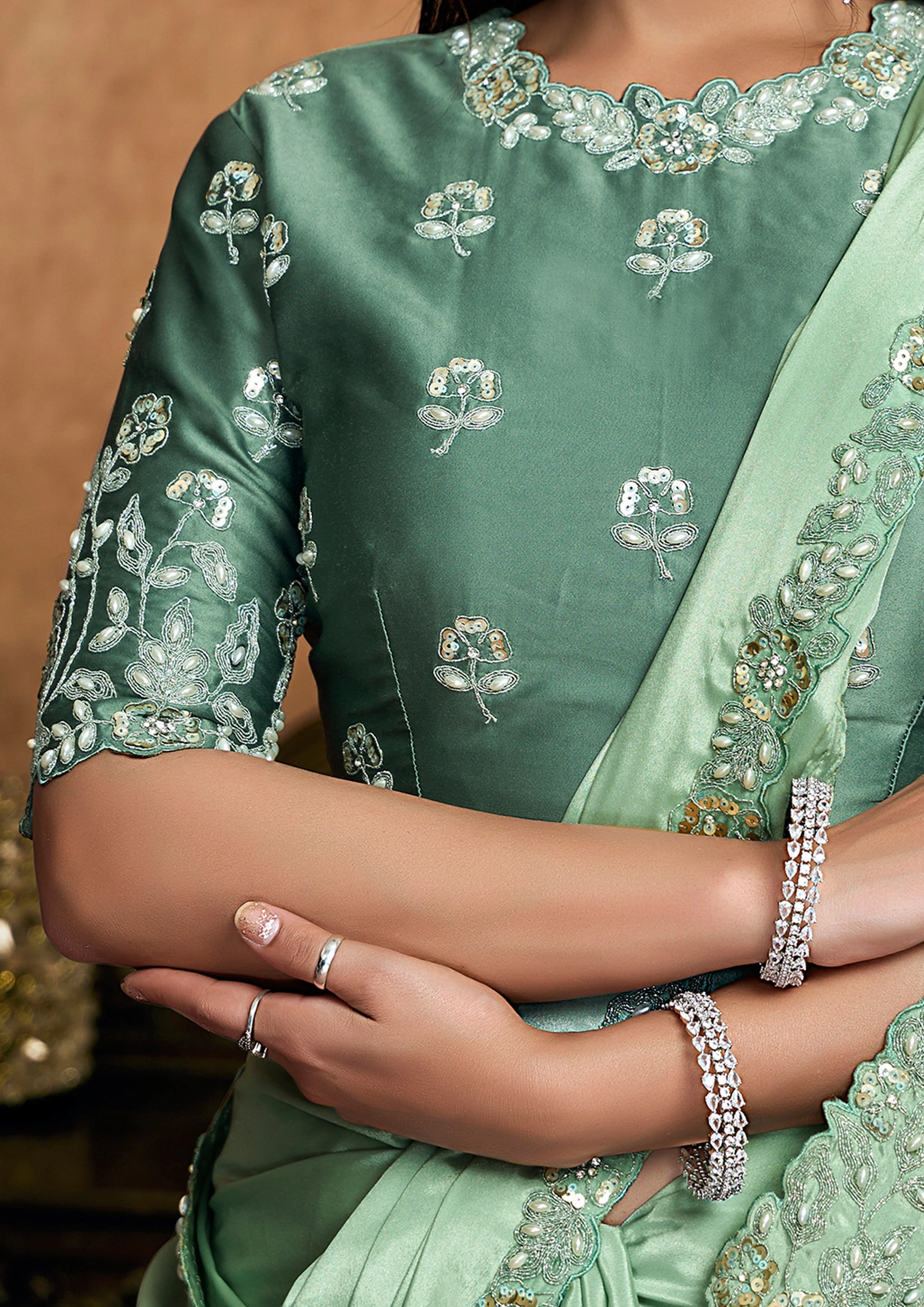 Mint Green Embellished Satin Silk Saree - Image 6