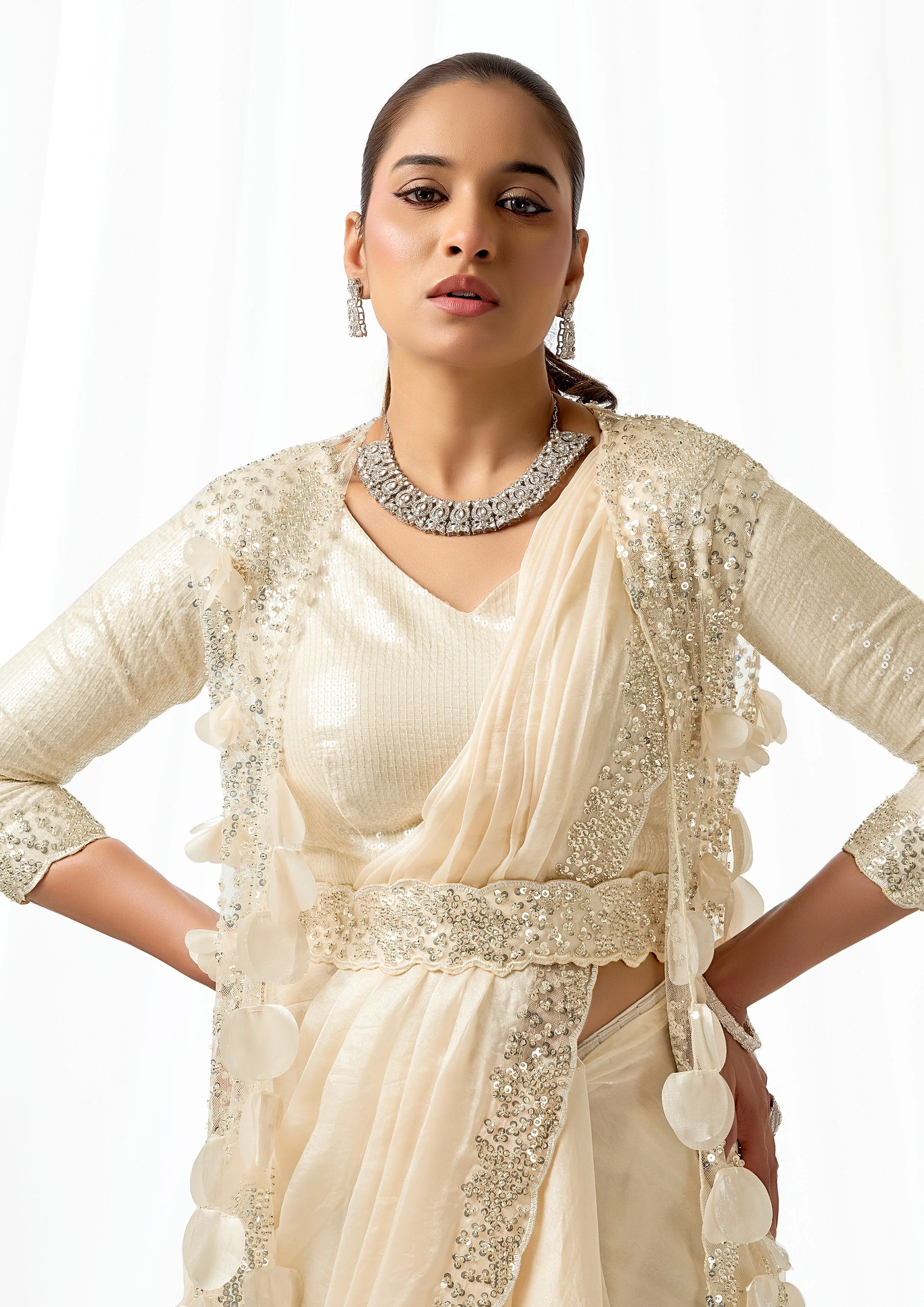Pearl Cream Embellished Satin Silk Saree with Jacket - Image 2