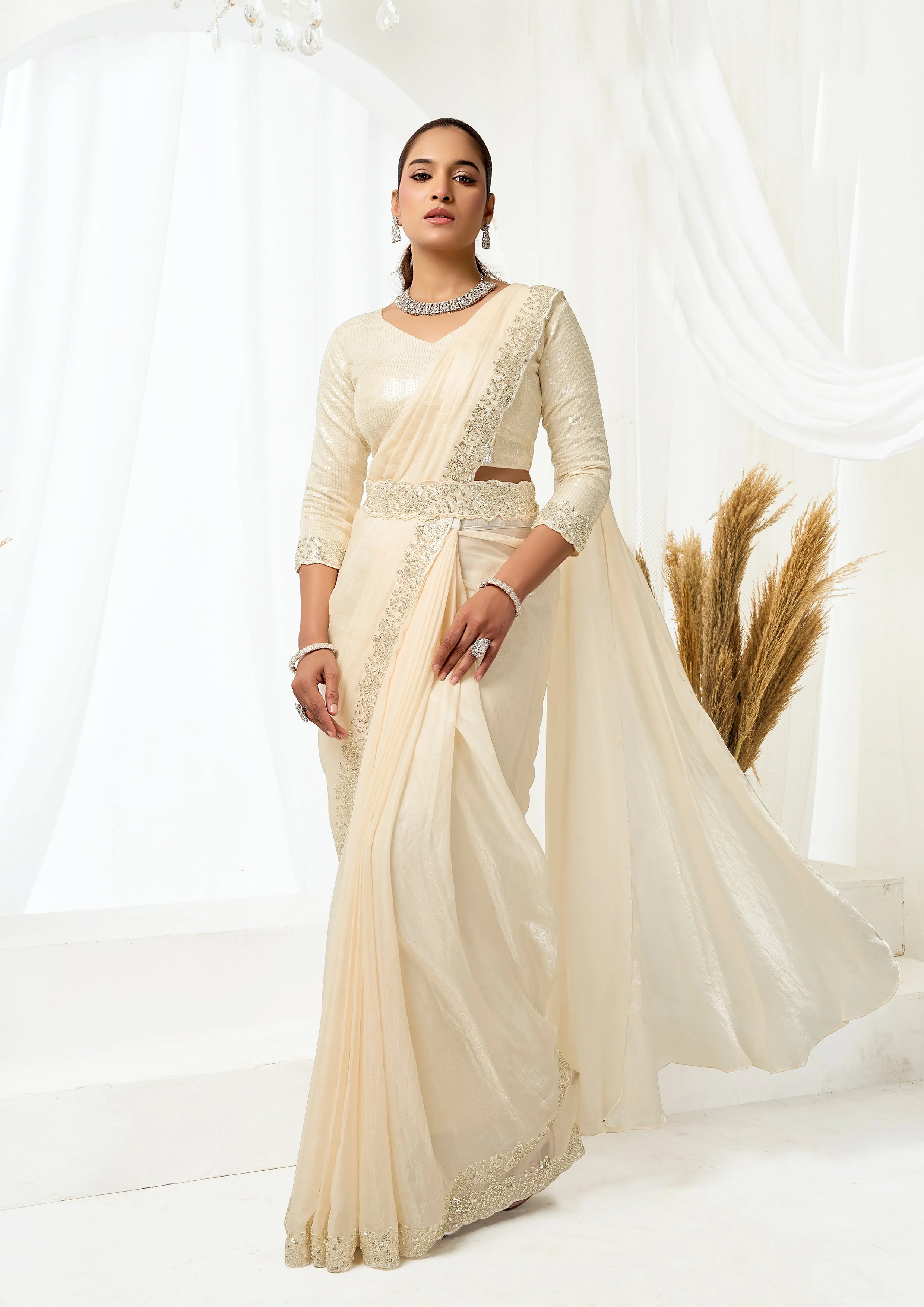 Pearl Cream Embellished Satin Silk Saree with Jacket - Image 3