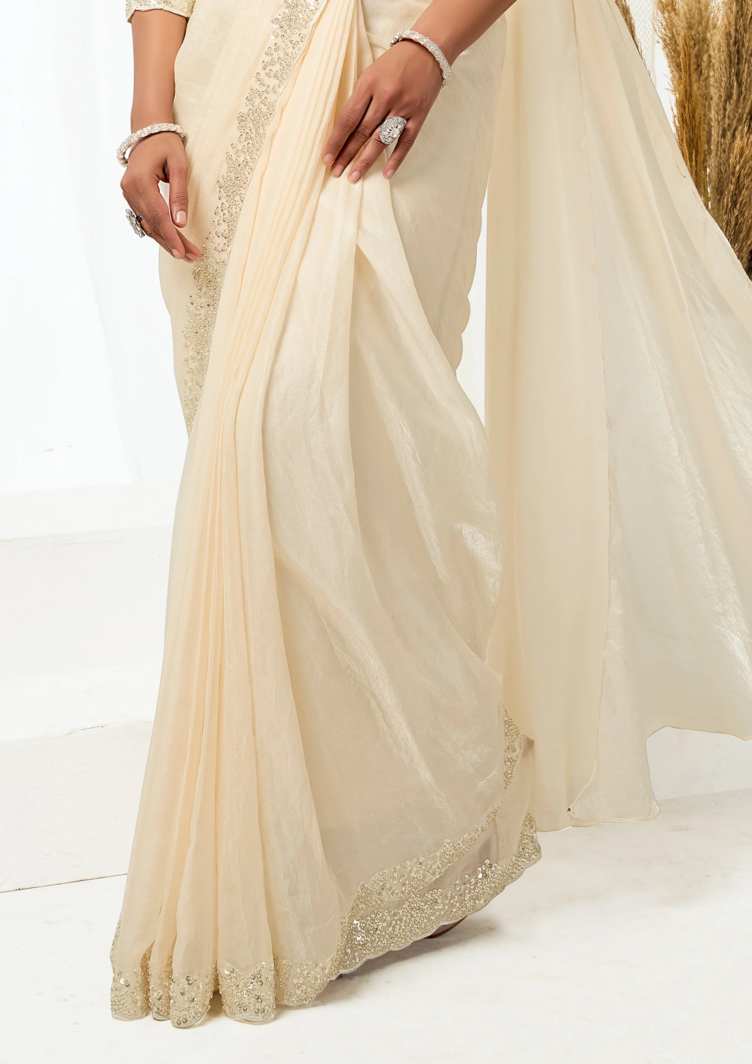 Pearl Cream Embellished Satin Silk Saree with Jacket - Image 5
