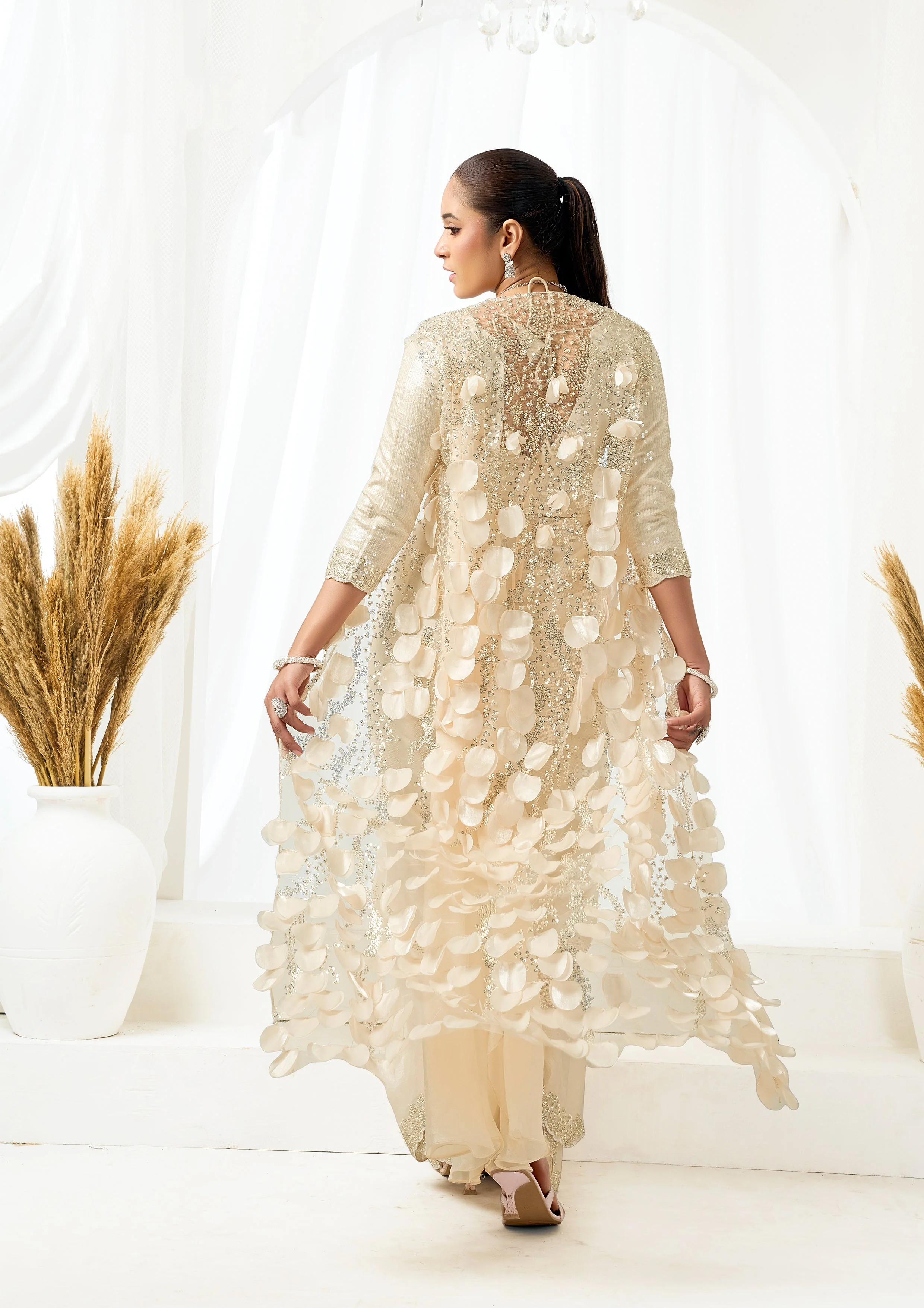 Pearl Cream Embellished Satin Silk Saree with Jacket - Image 6