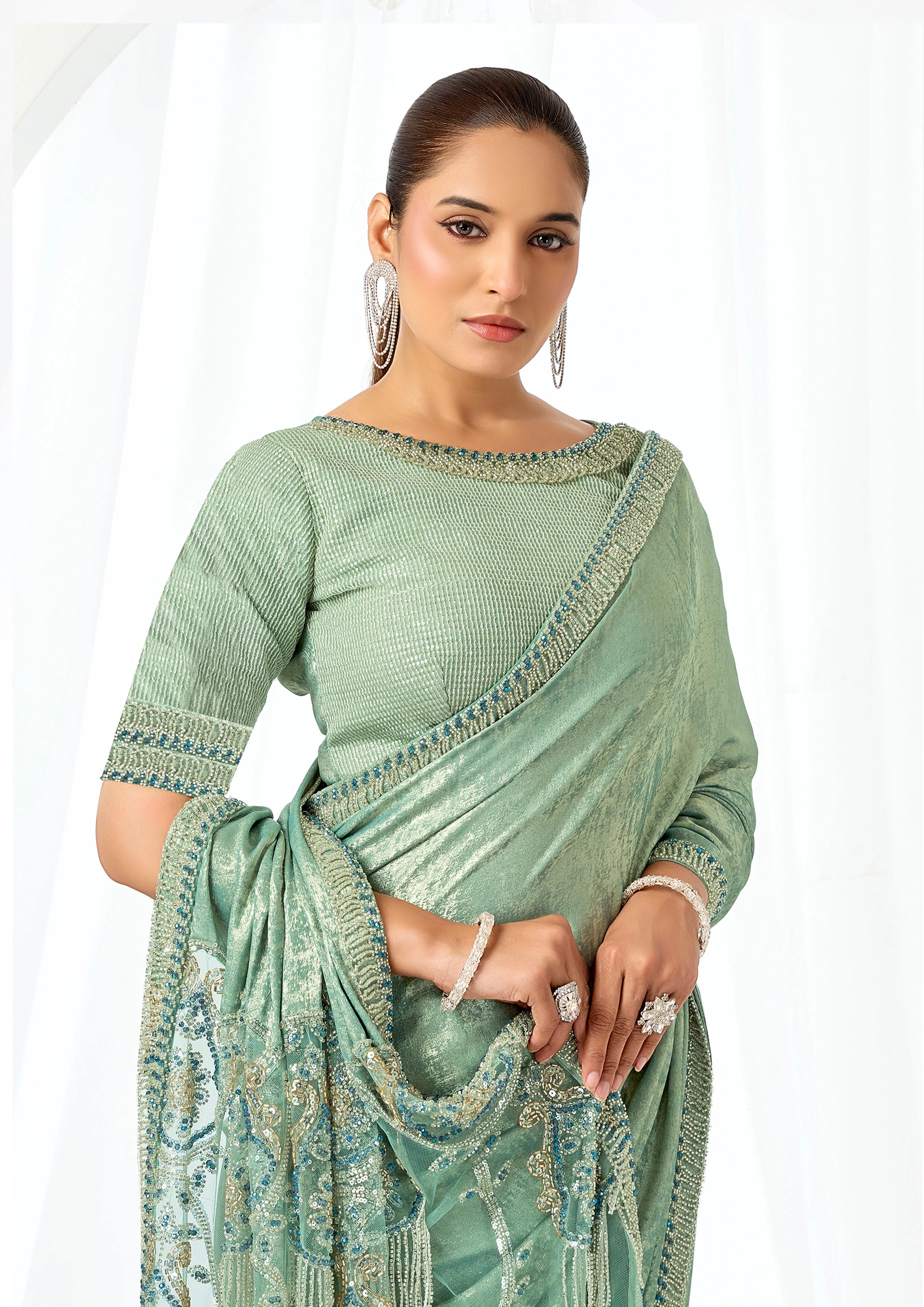Metallic Mint Green Embellished Satin Silk Saree - Image 2