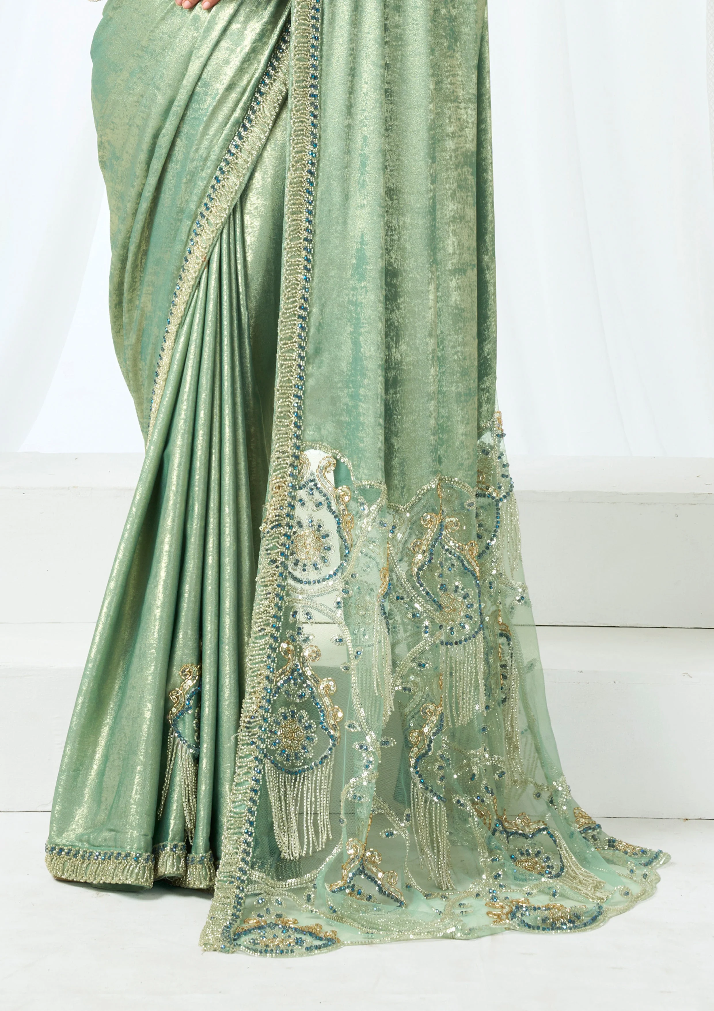 Metallic Mint Green Embellished Satin Silk Saree - Image 3