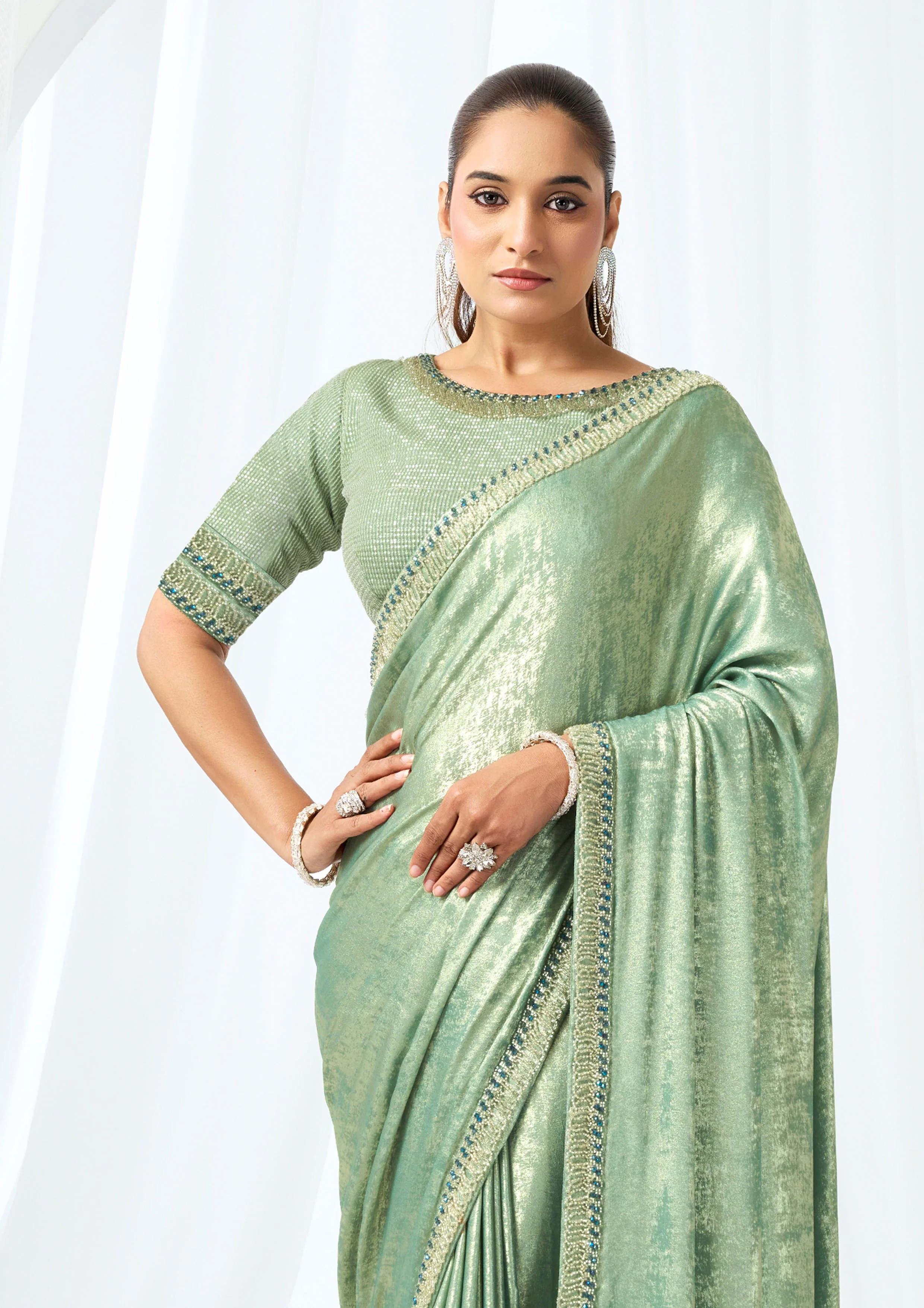 Metallic Mint Green Embellished Satin Silk Saree - Image 4