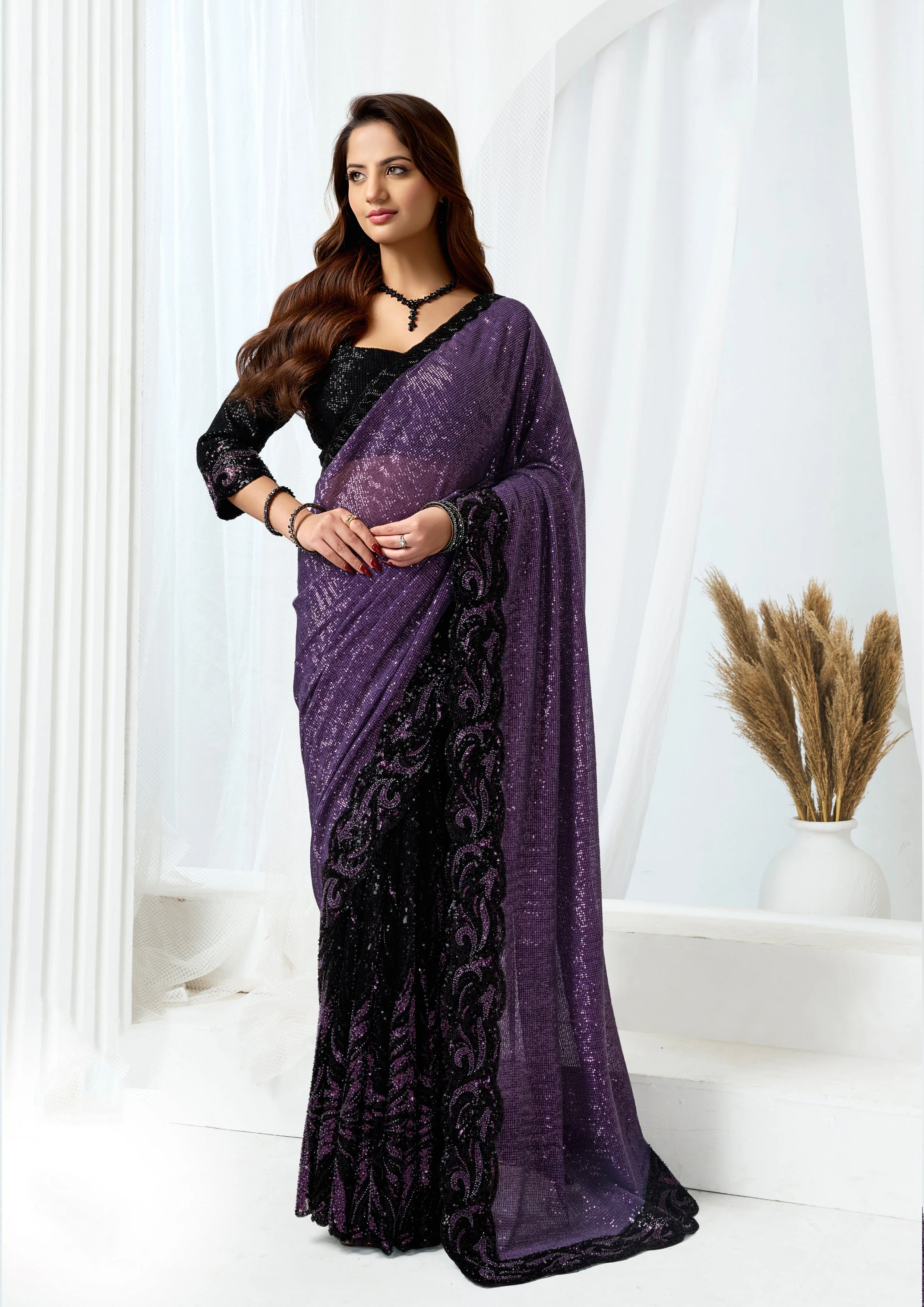 Twilight Mulberry Embellished Premium Net Saree