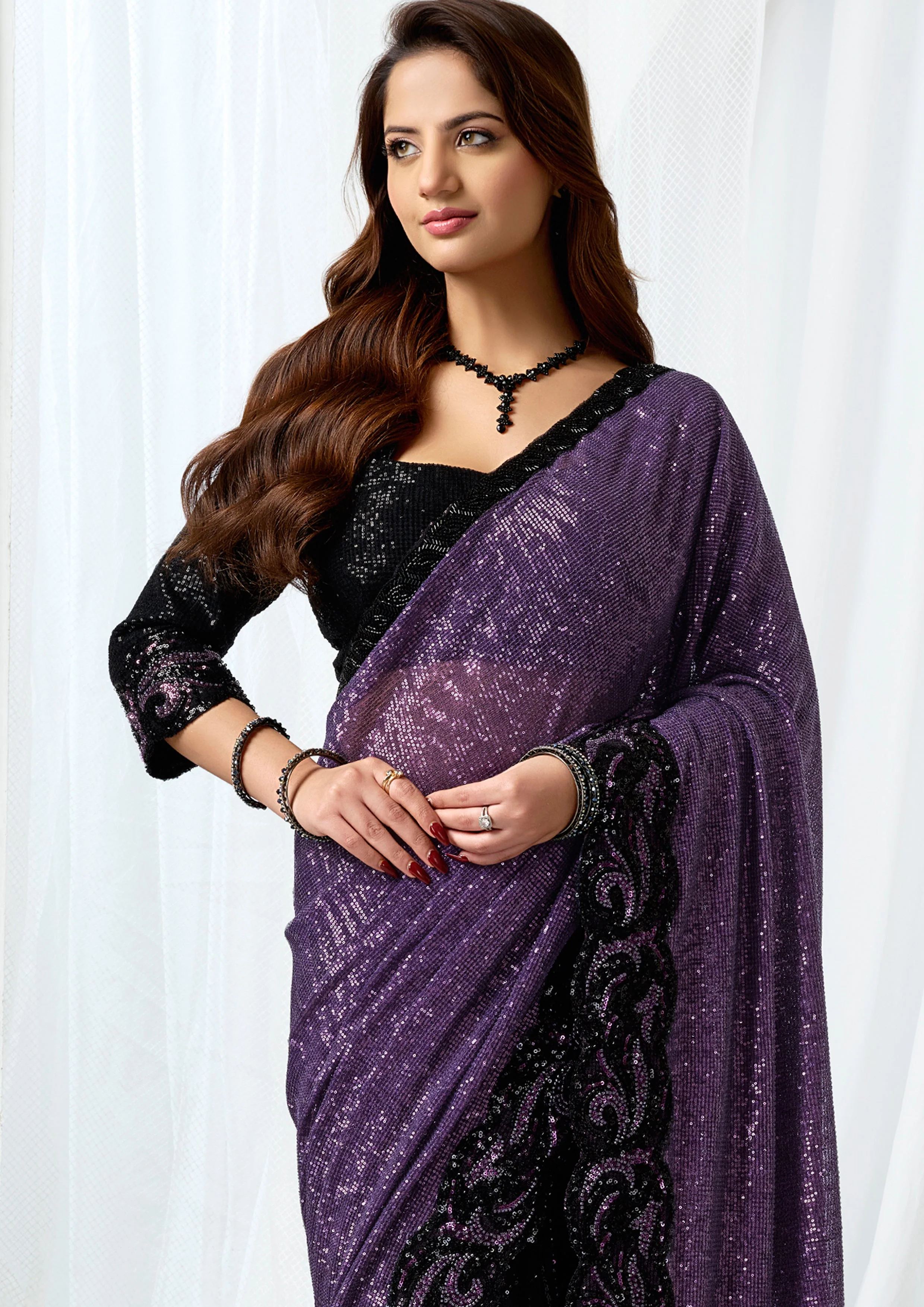 Twilight Mulberry Embellished Premium Net Saree - Image 2