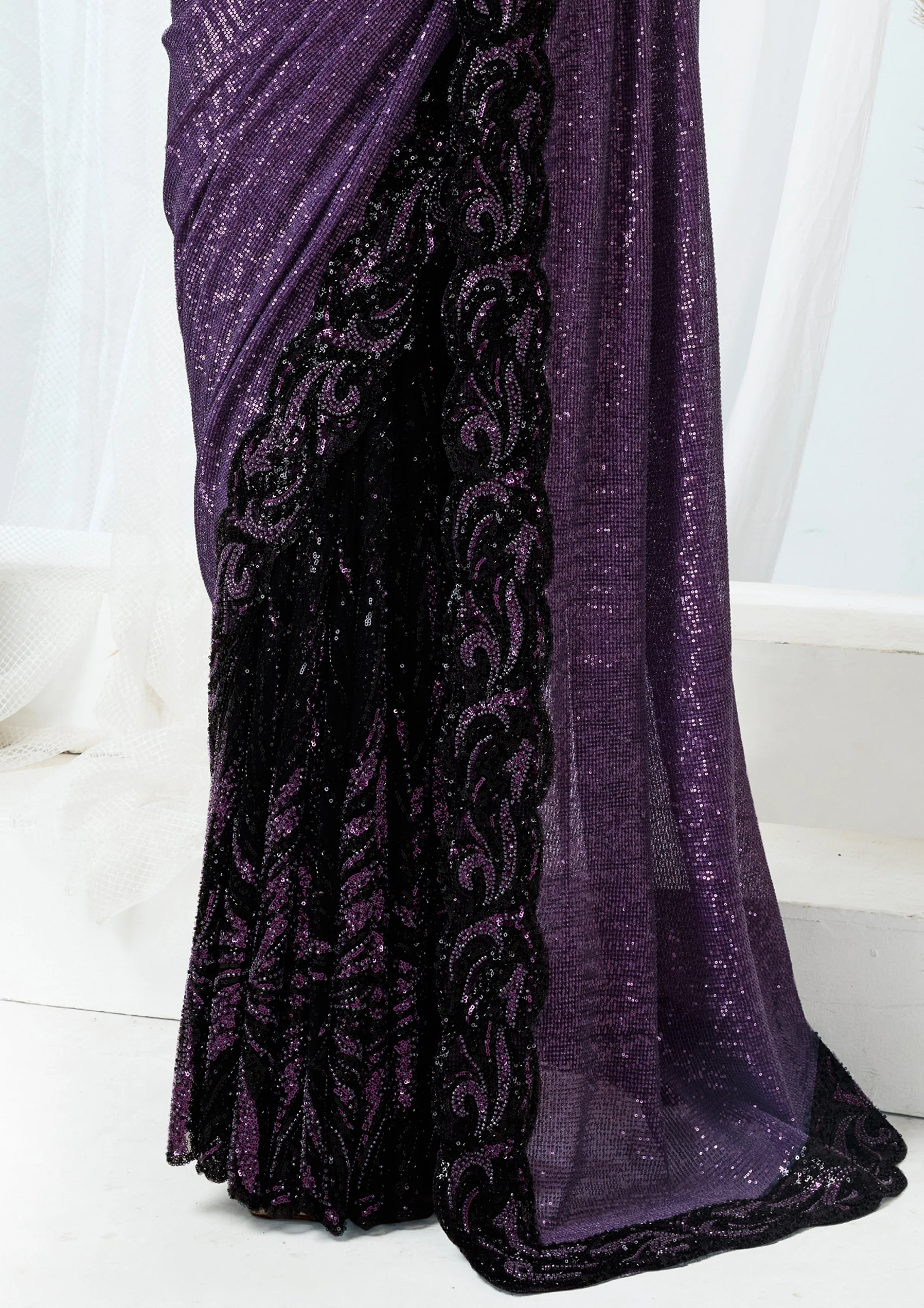 Twilight Mulberry Embellished Premium Net Saree - Image 5