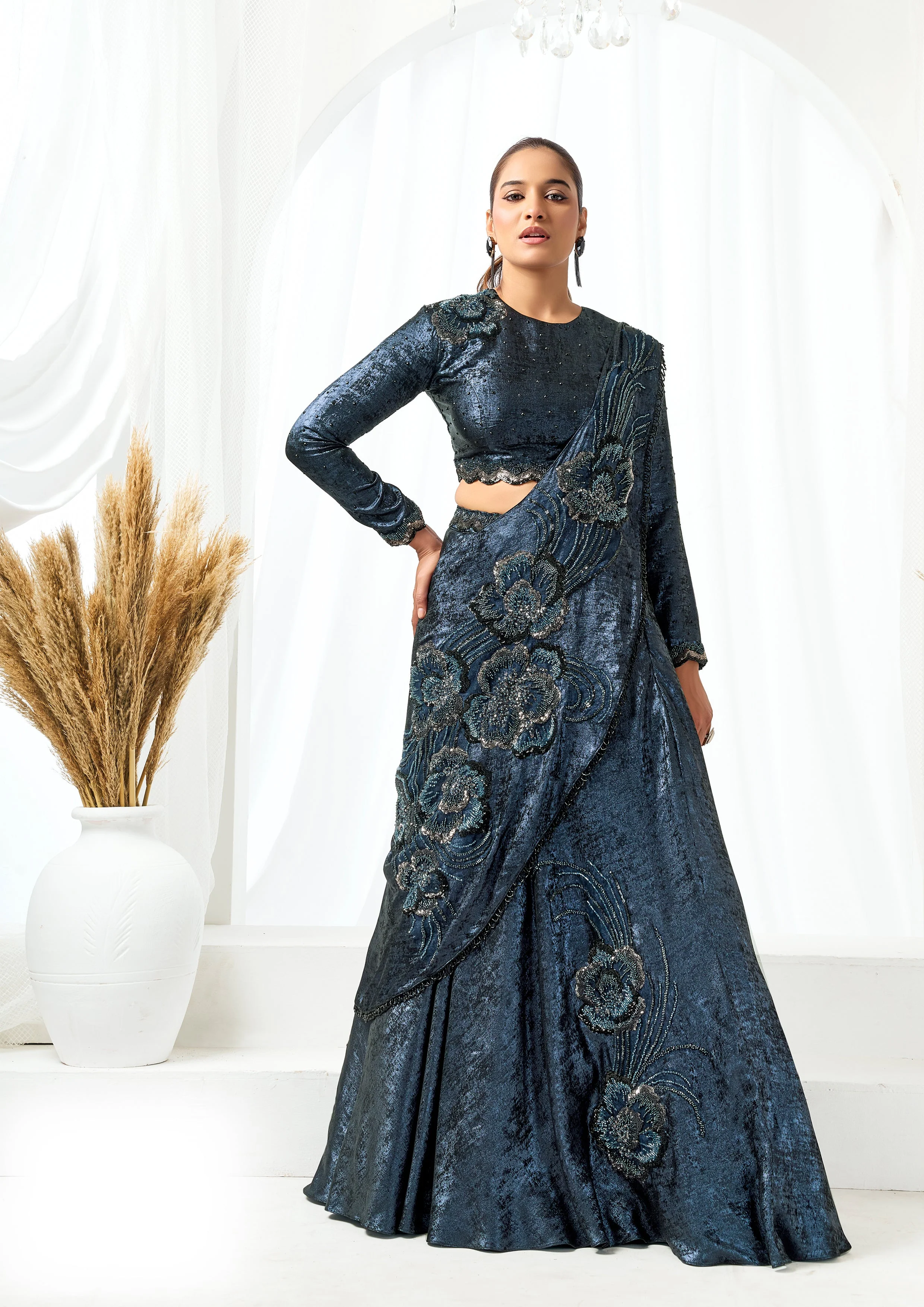 Midnight Sapphire Embellished Satin Silk Lehenga Saree