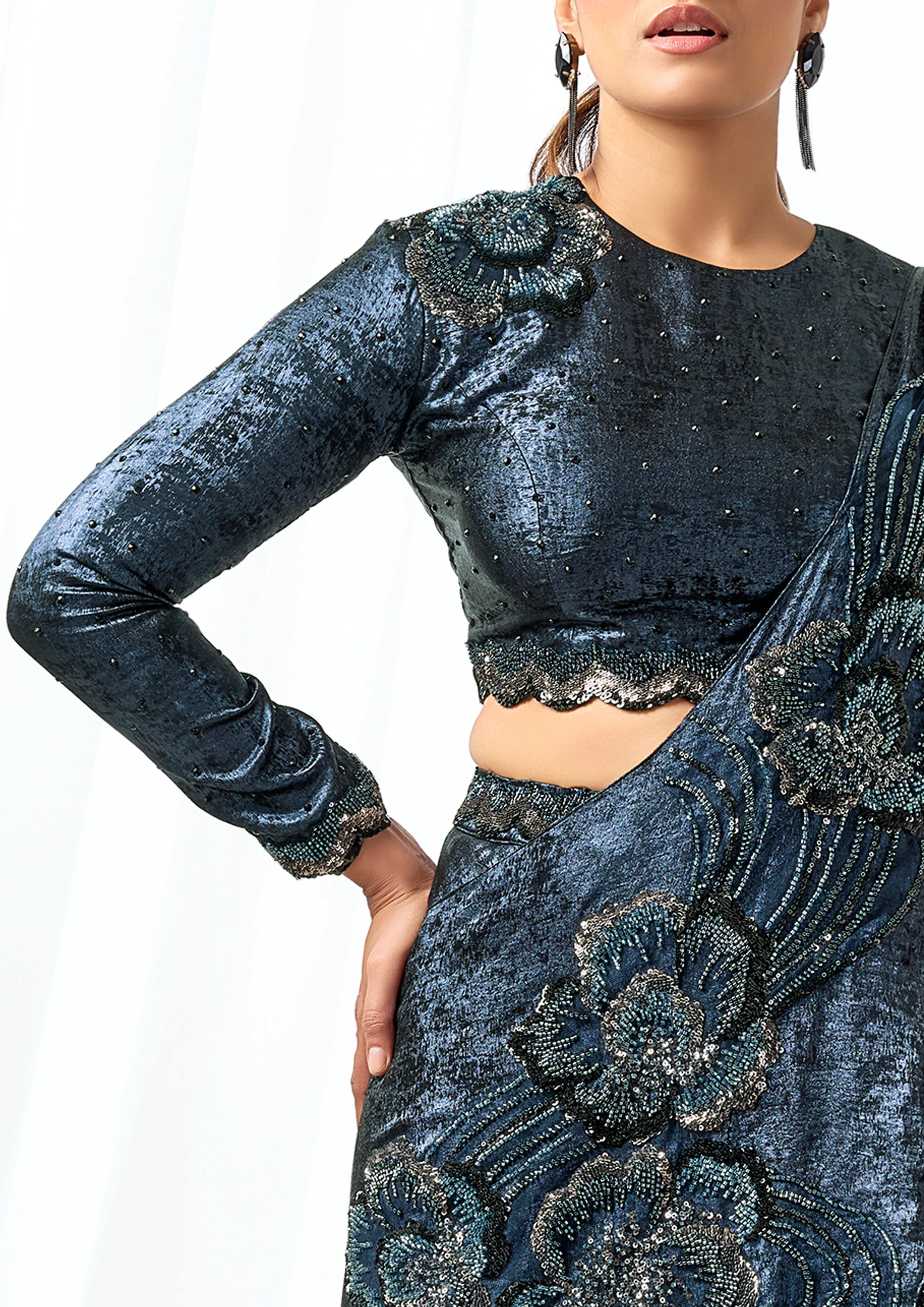 Midnight Sapphire Embellished Satin Silk Lehenga Saree - Image 2