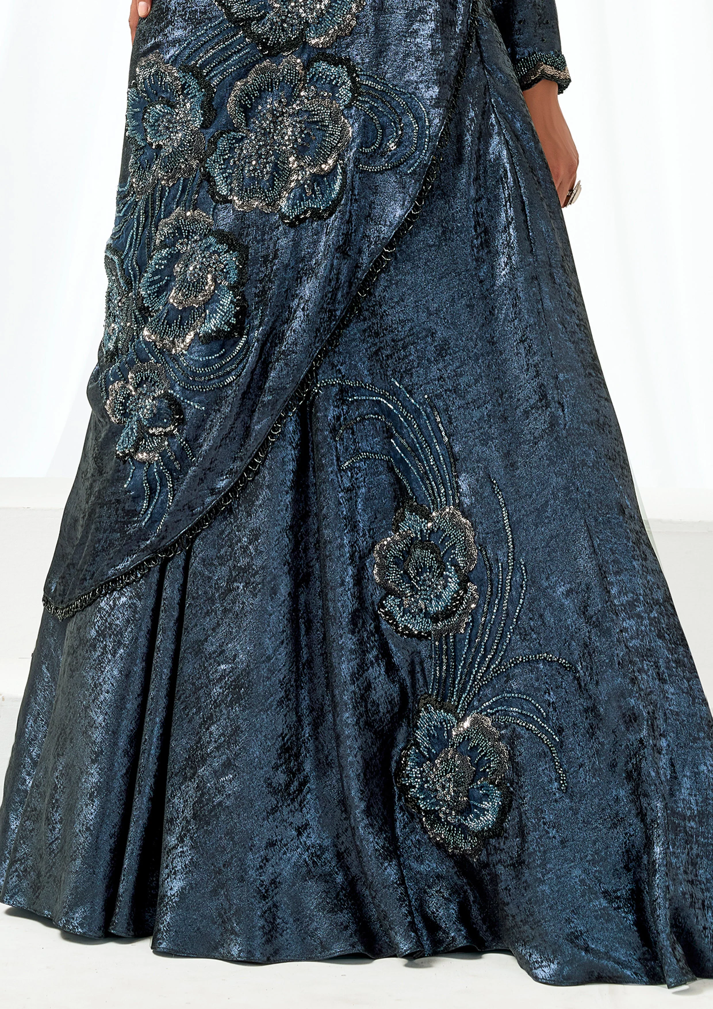 Midnight Sapphire Embellished Satin Silk Lehenga Saree - Image 5