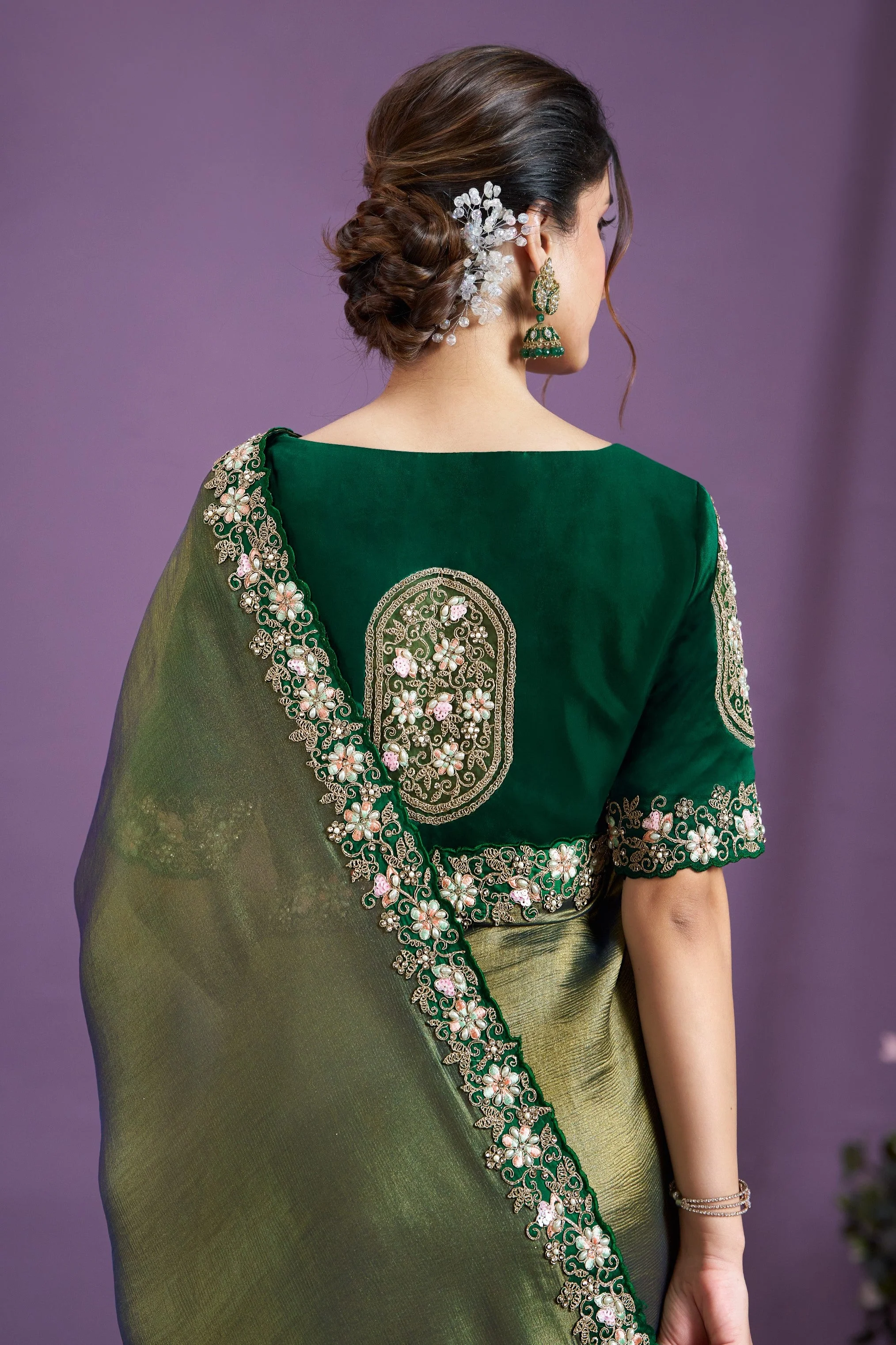 Green Grace Embellished Glass Tissue Silk Saree - Image 3
