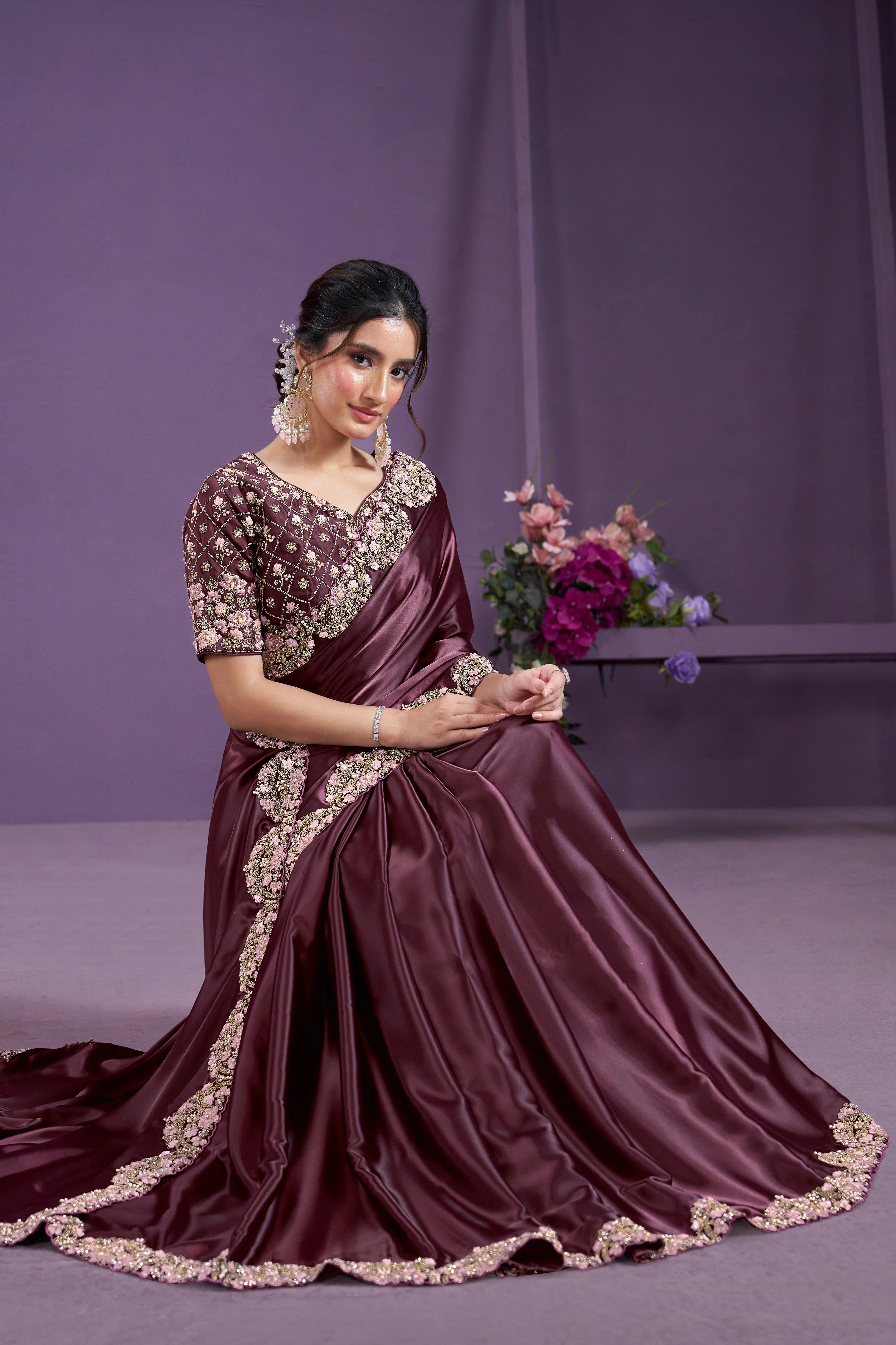 Burgundy Embellished Satin Silk Saree - Image 3
