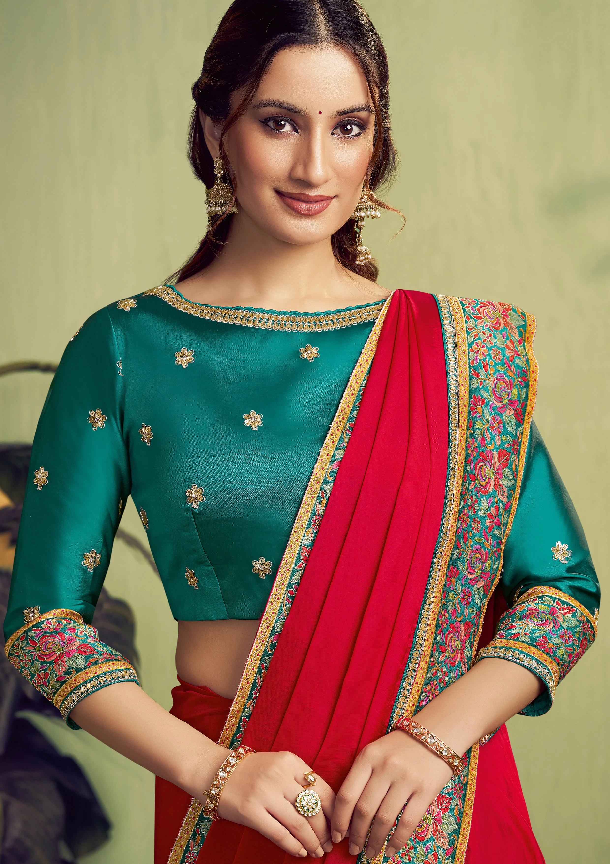 Ruby Red Embellished Satin Silk Saree - Image 2