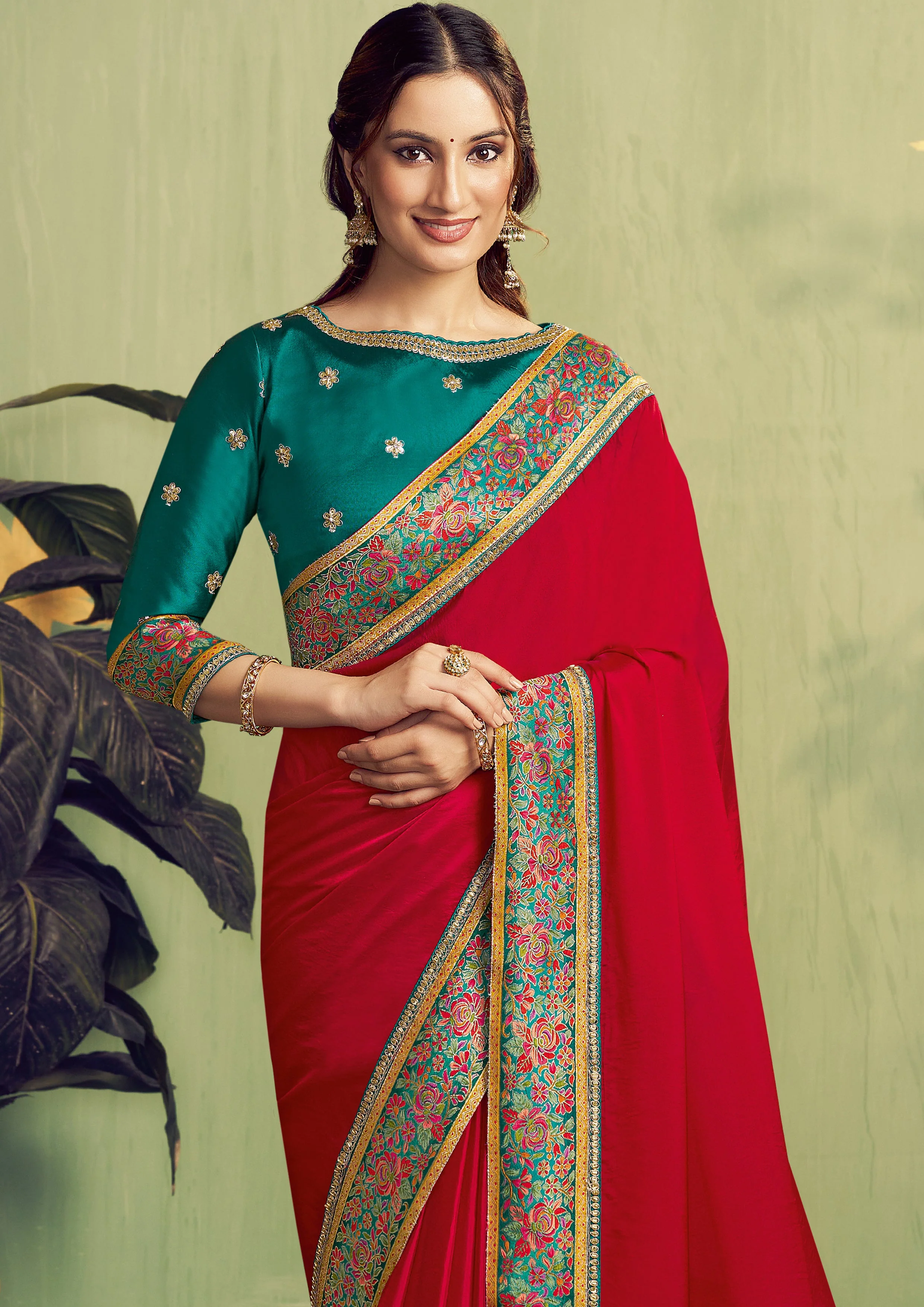 Ruby Red Embellished Satin Silk Saree - Image 3