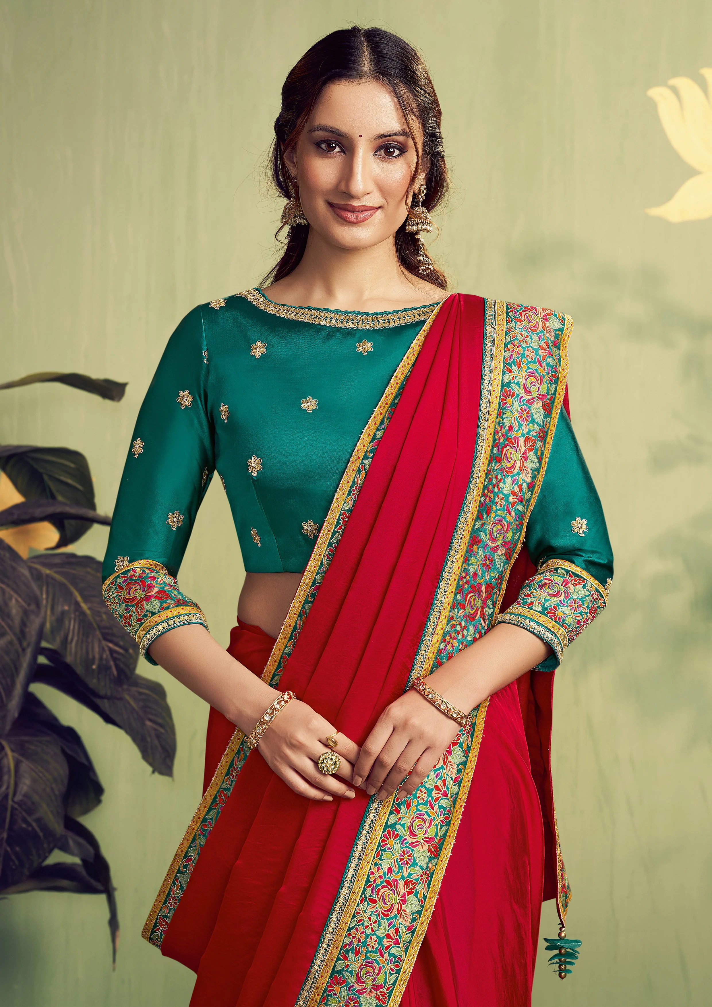 Ruby Red Embellished Satin Silk Saree - Image 4