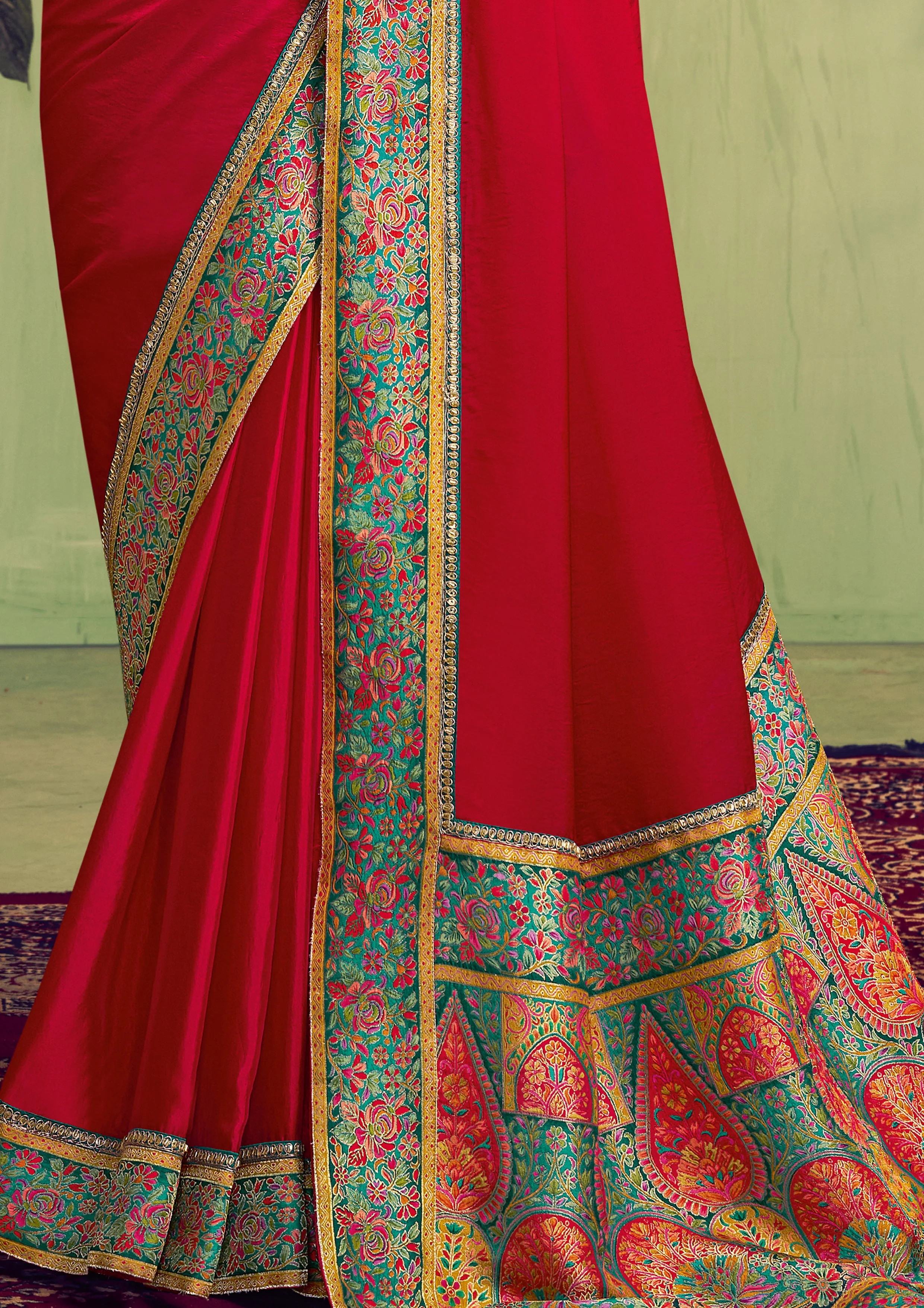 Ruby Red Embellished Satin Silk Saree - Image 5