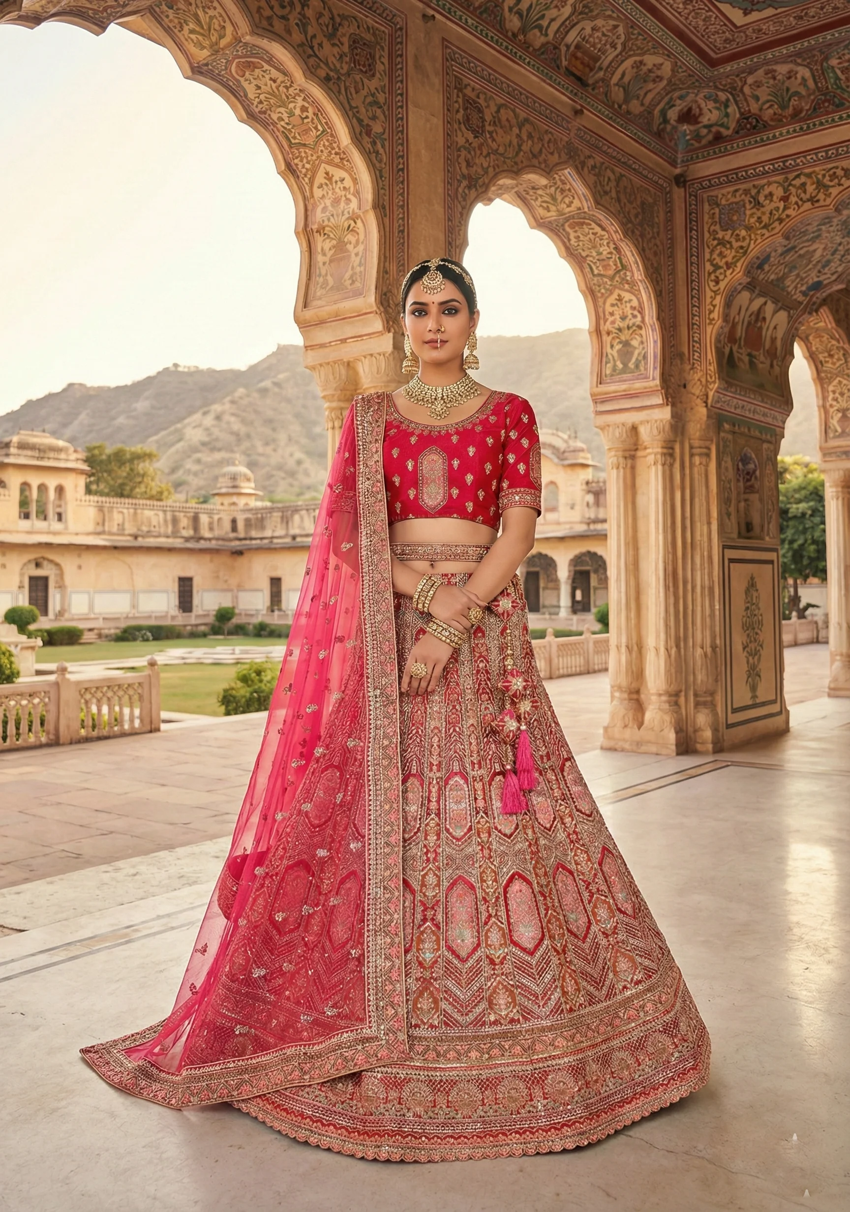 Rani Red Embellished Premium Velvet Lehenga Set