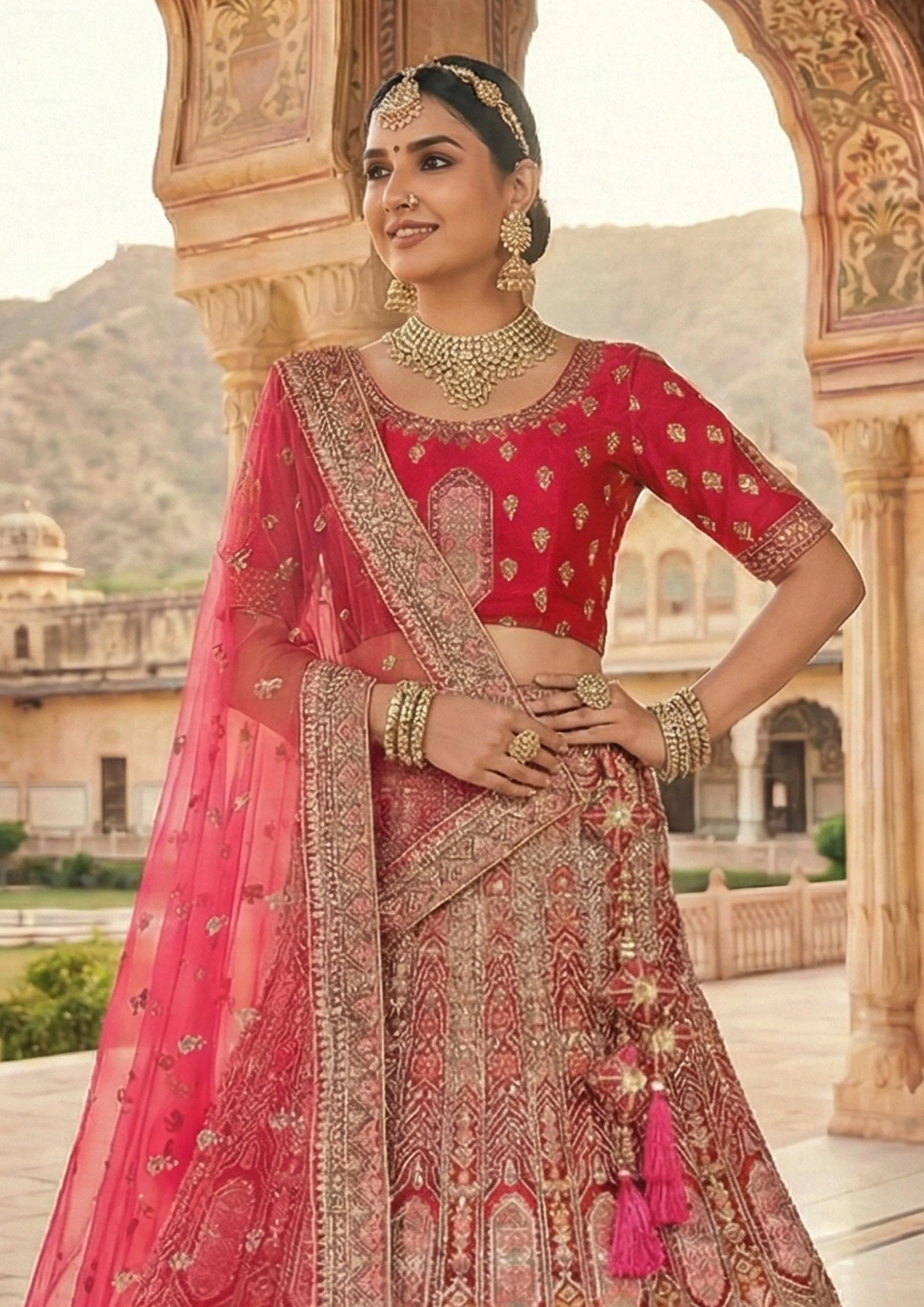 Rani Red Embellished Premium Velvet Lehenga Set - Image 5
