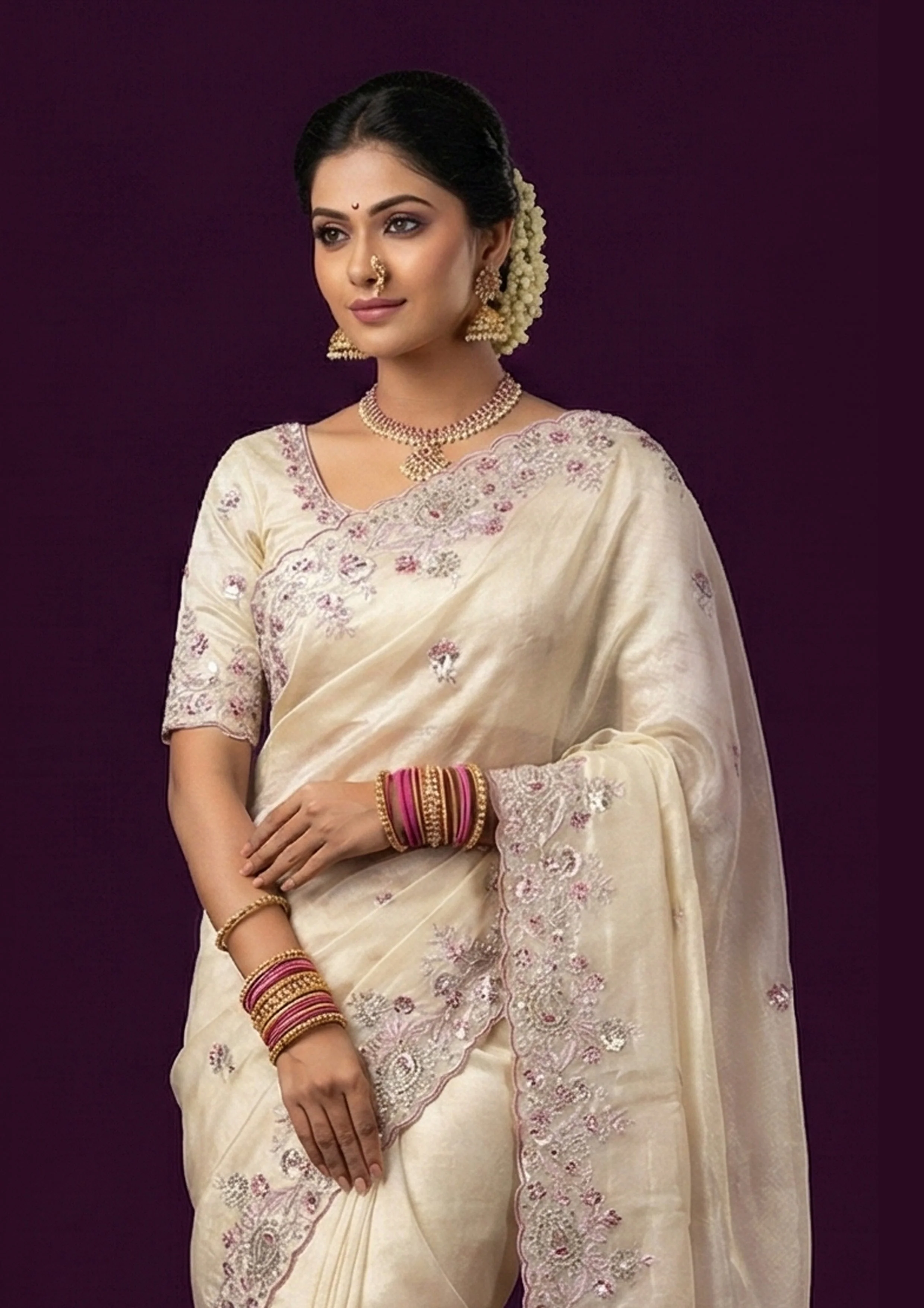 Soft Champagne Embellished Shimmer Tissue Silk Saree - Image 2