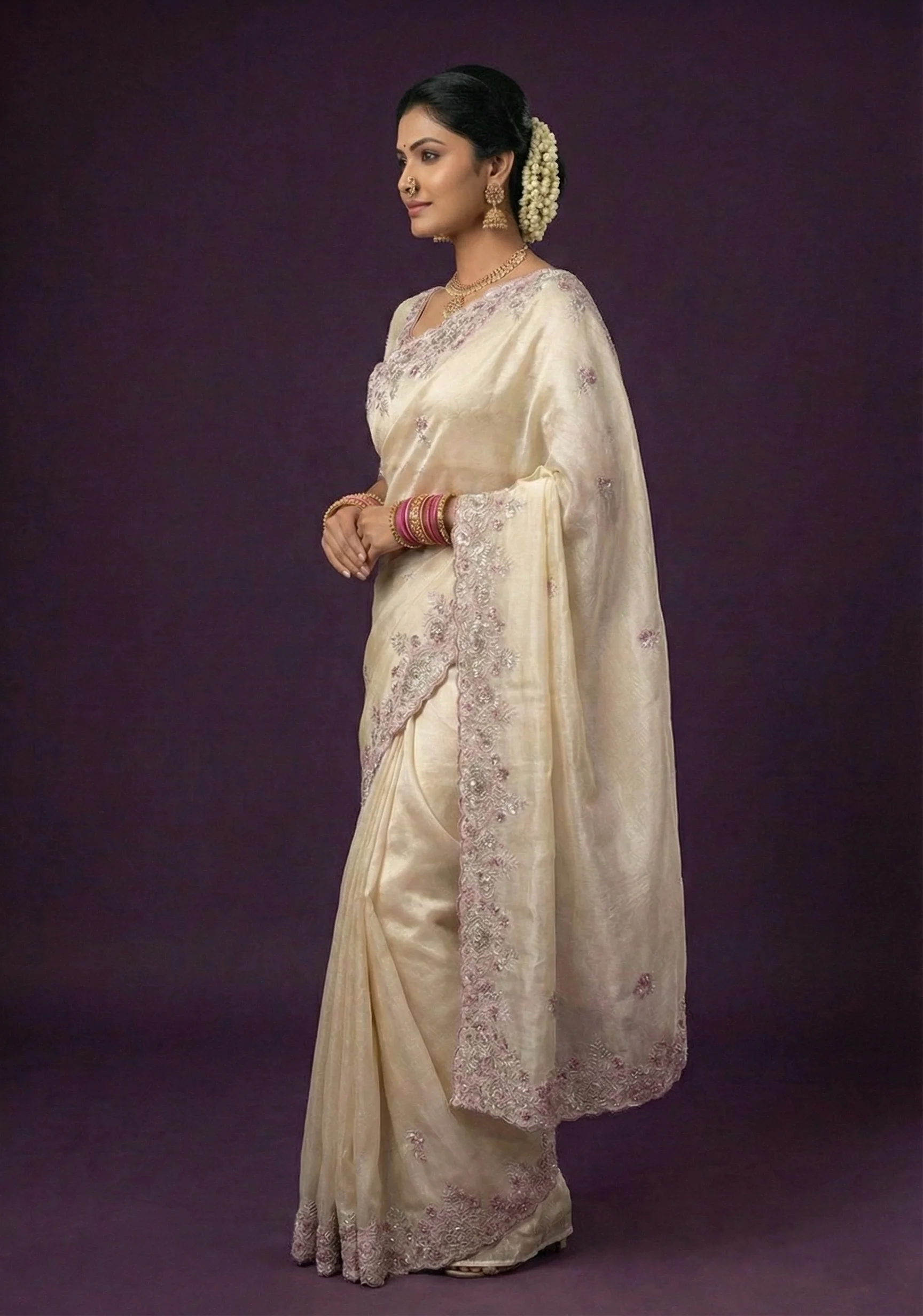 Soft Champagne Embellished Shimmer Tissue Silk Saree - Image 3