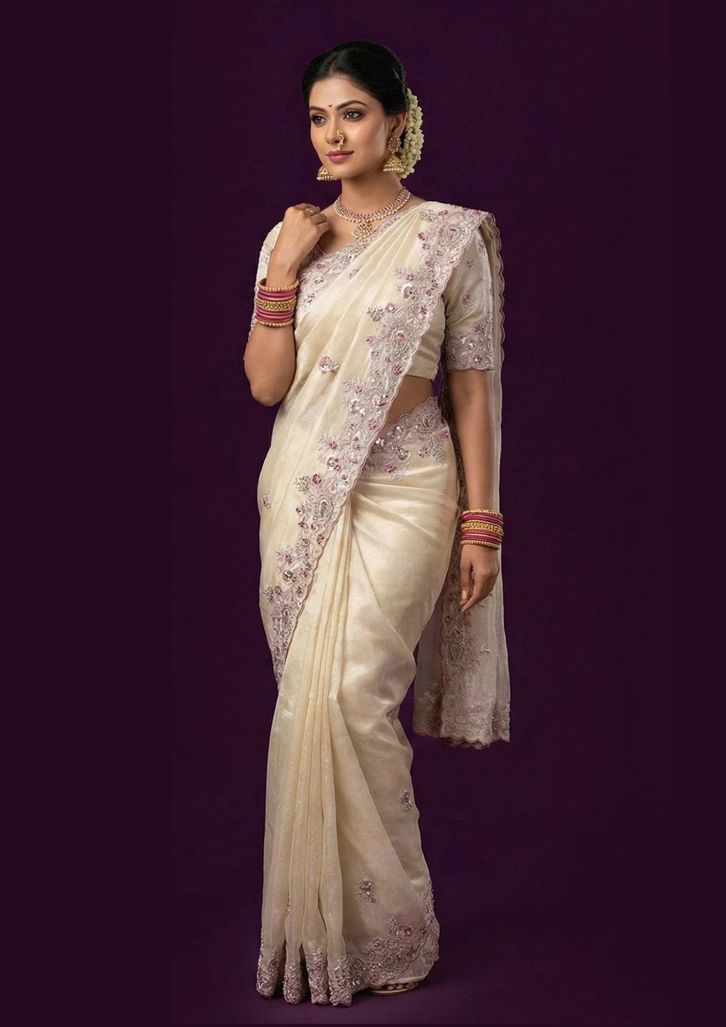 Soft Champagne Embellished Shimmer Tissue Silk Saree - Image 4