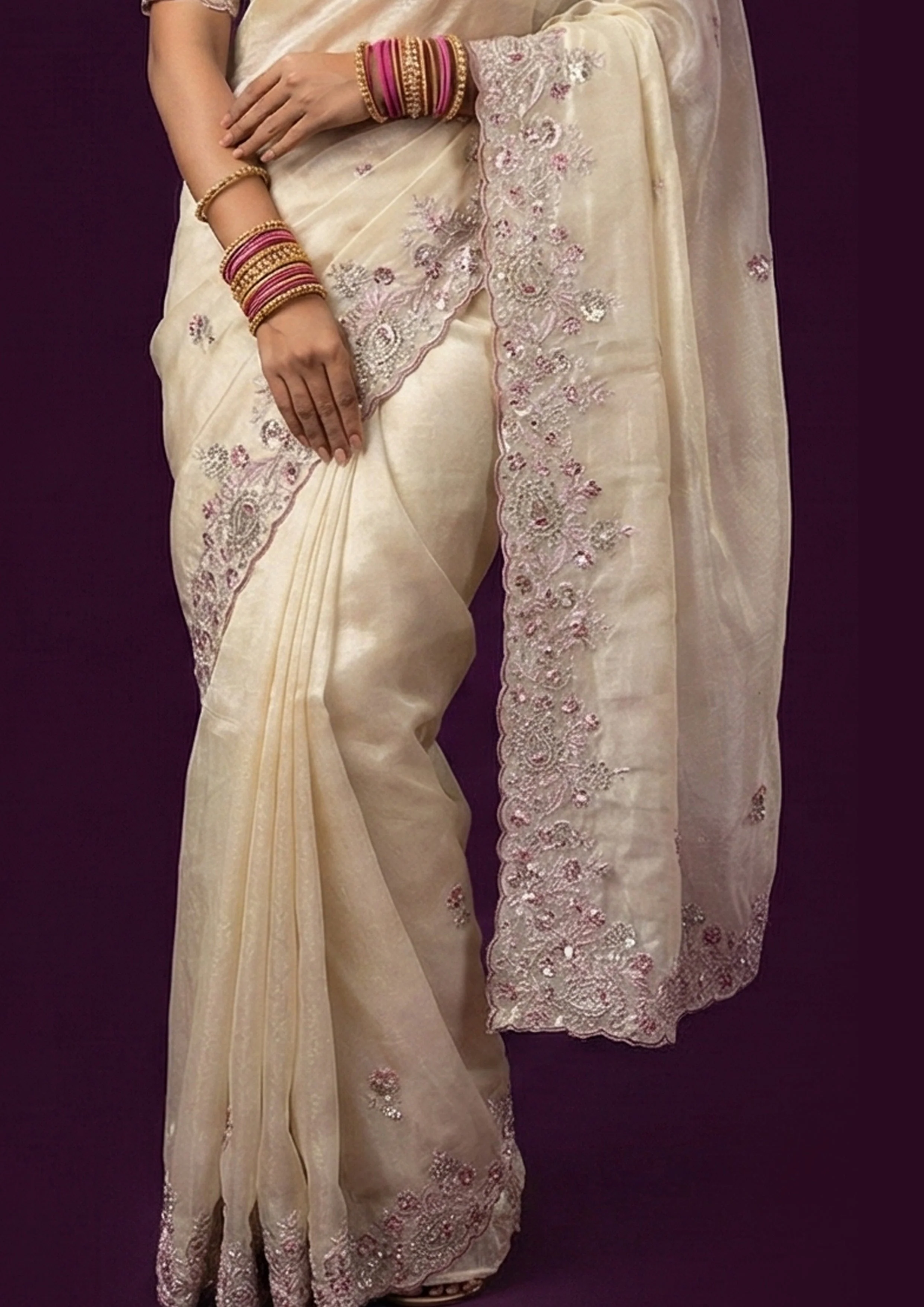 Soft Champagne Embellished Shimmer Tissue Silk Saree - Image 5