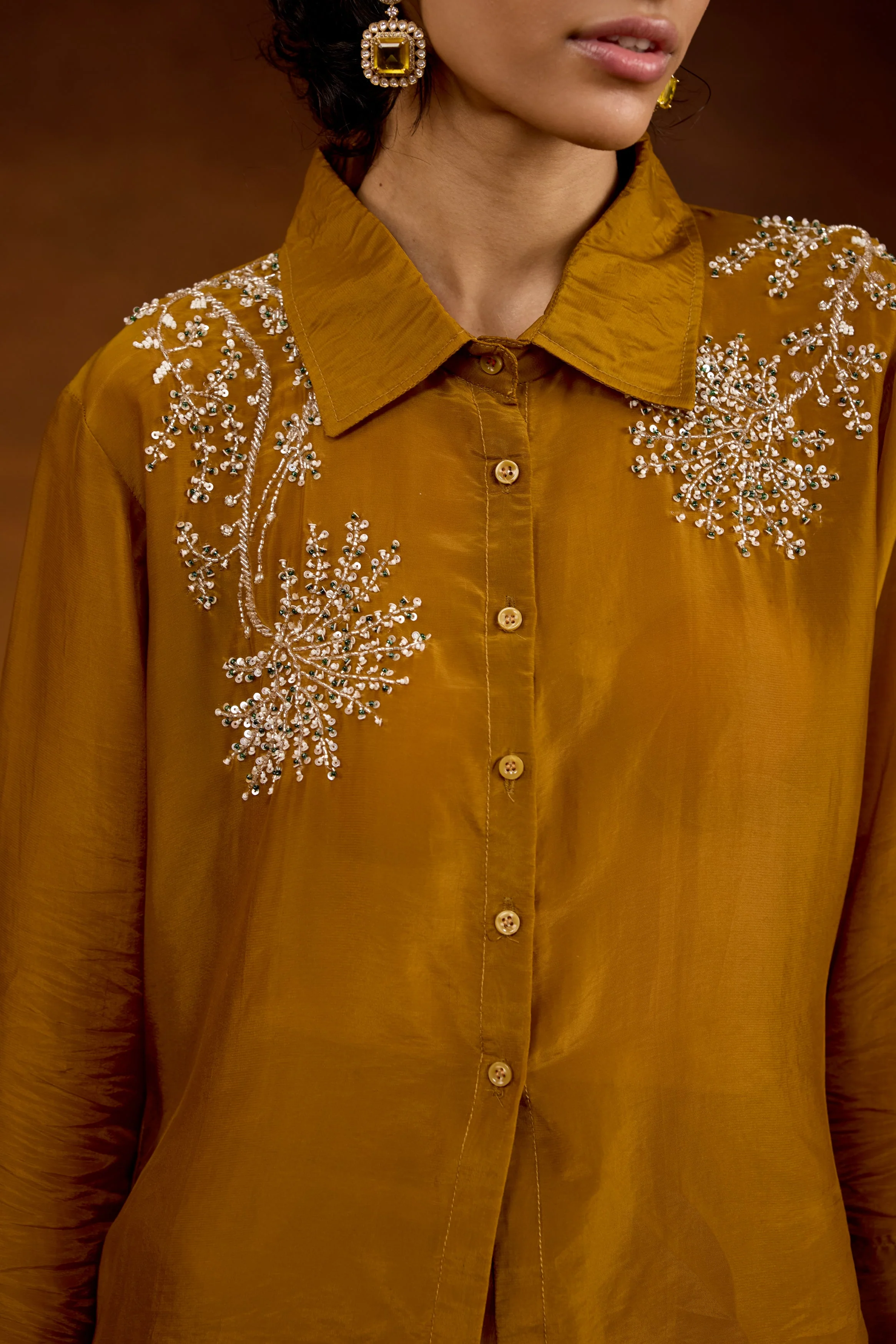 Bronze Gold Embellished Satin Silk Skirt Set - Image 2