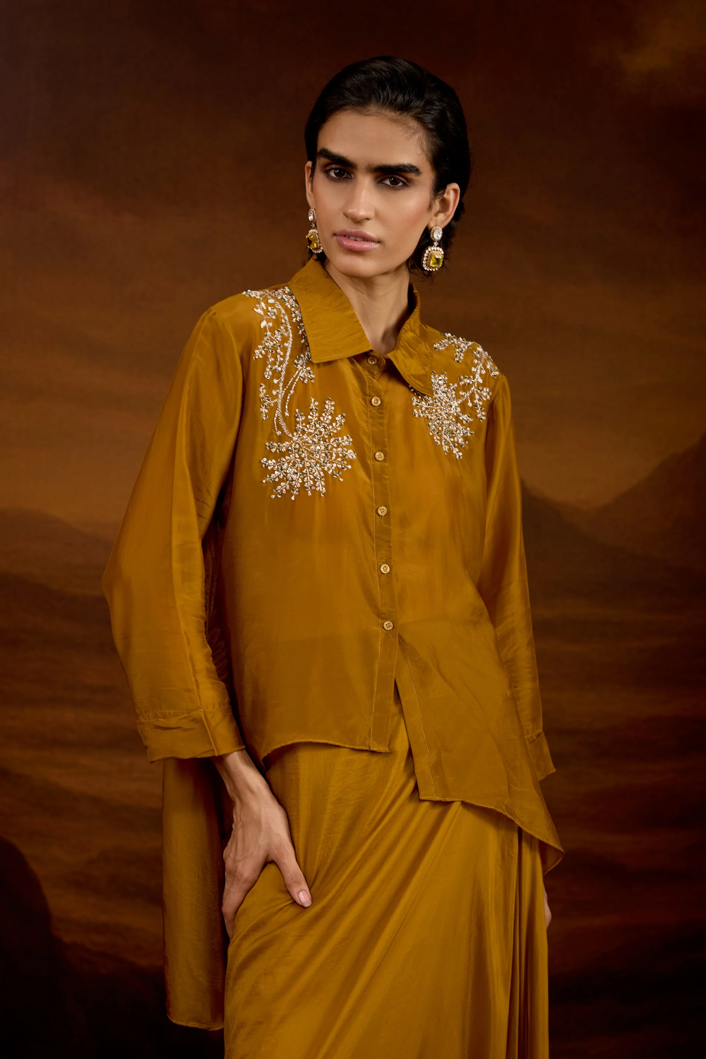 Bronze Gold Embellished Satin Silk Skirt Set - Image 3