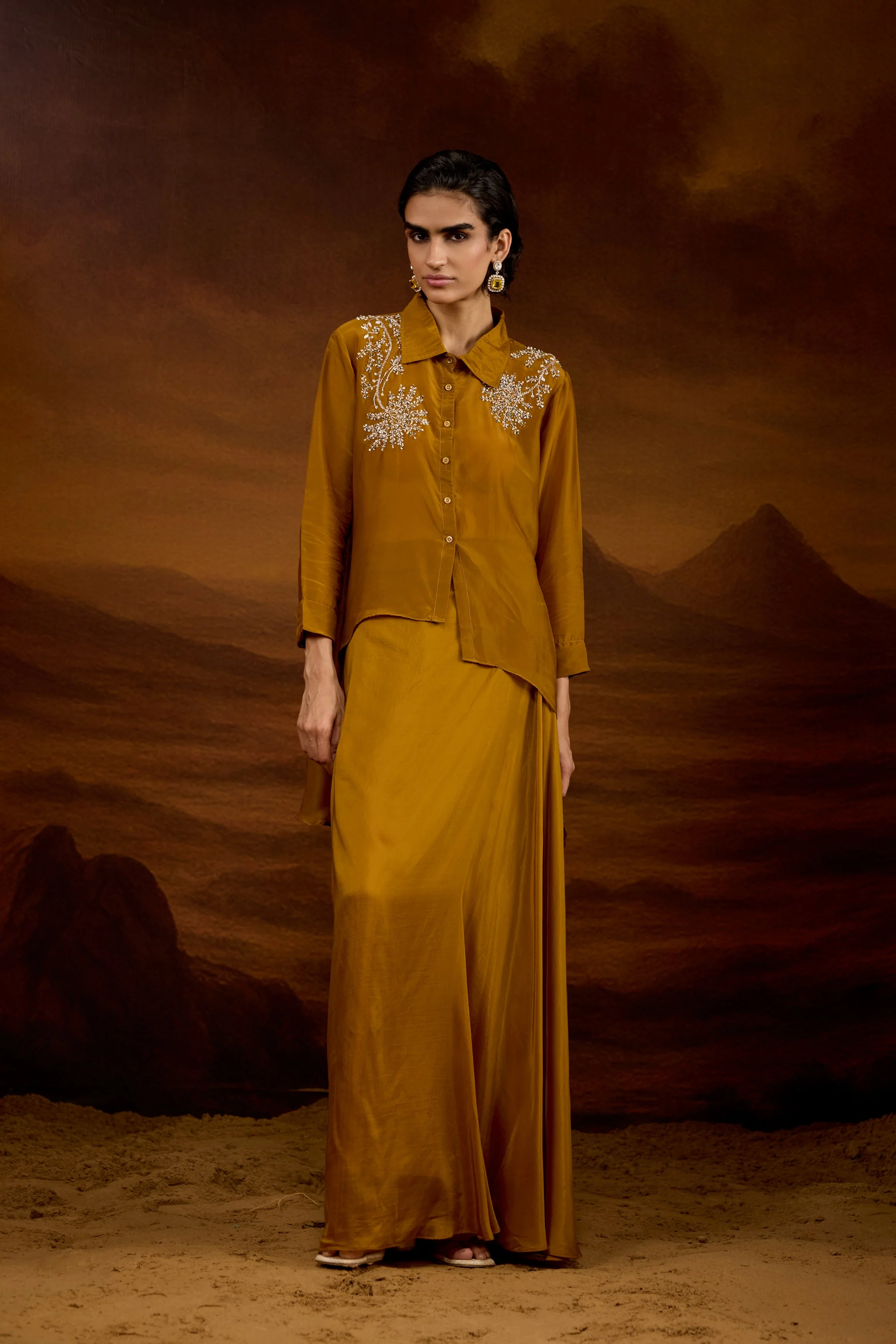 Bronze Gold Embellished Satin Silk Skirt Set - Image 4
