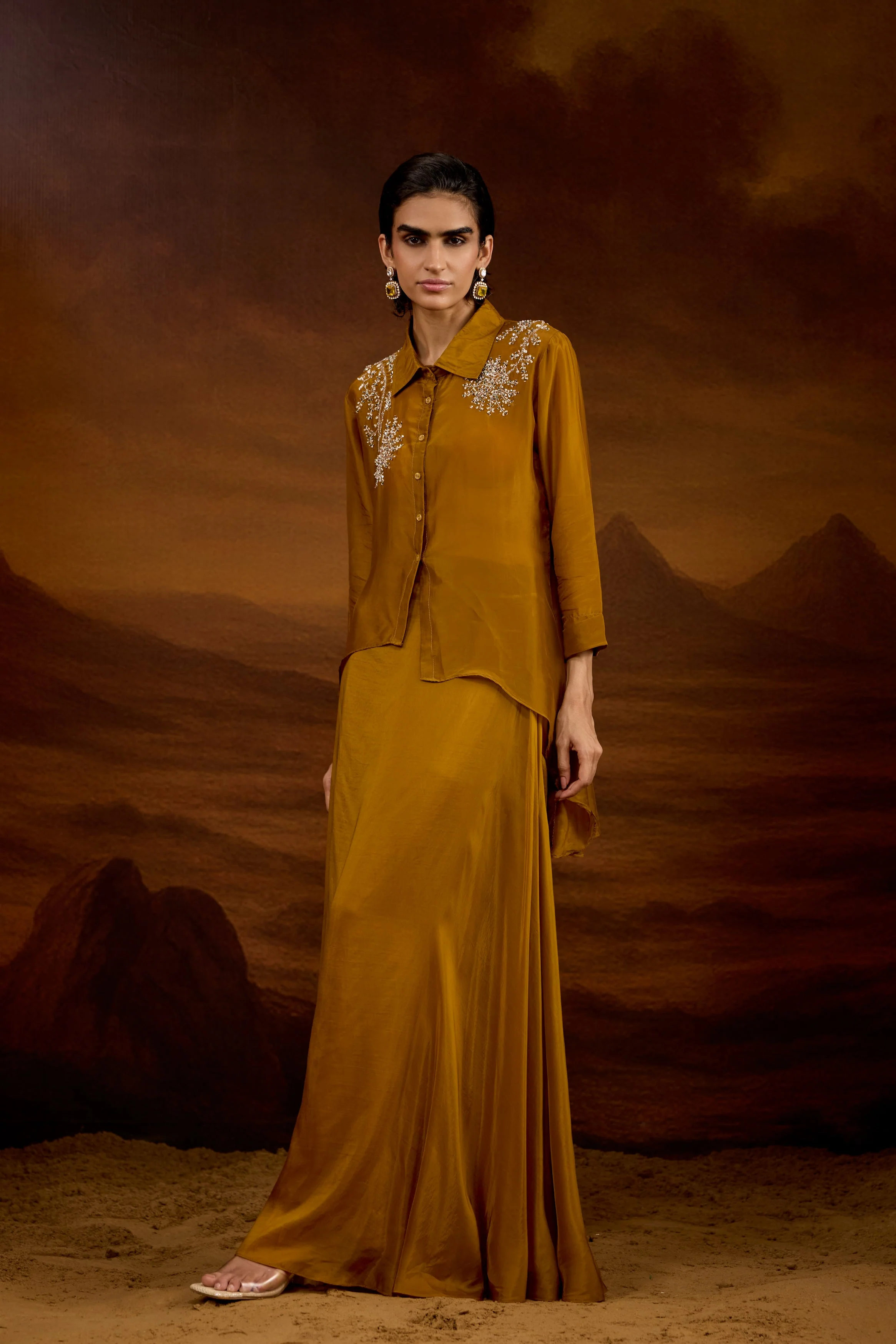 Bronze Gold Embellished Satin Silk Skirt Set - Image 5