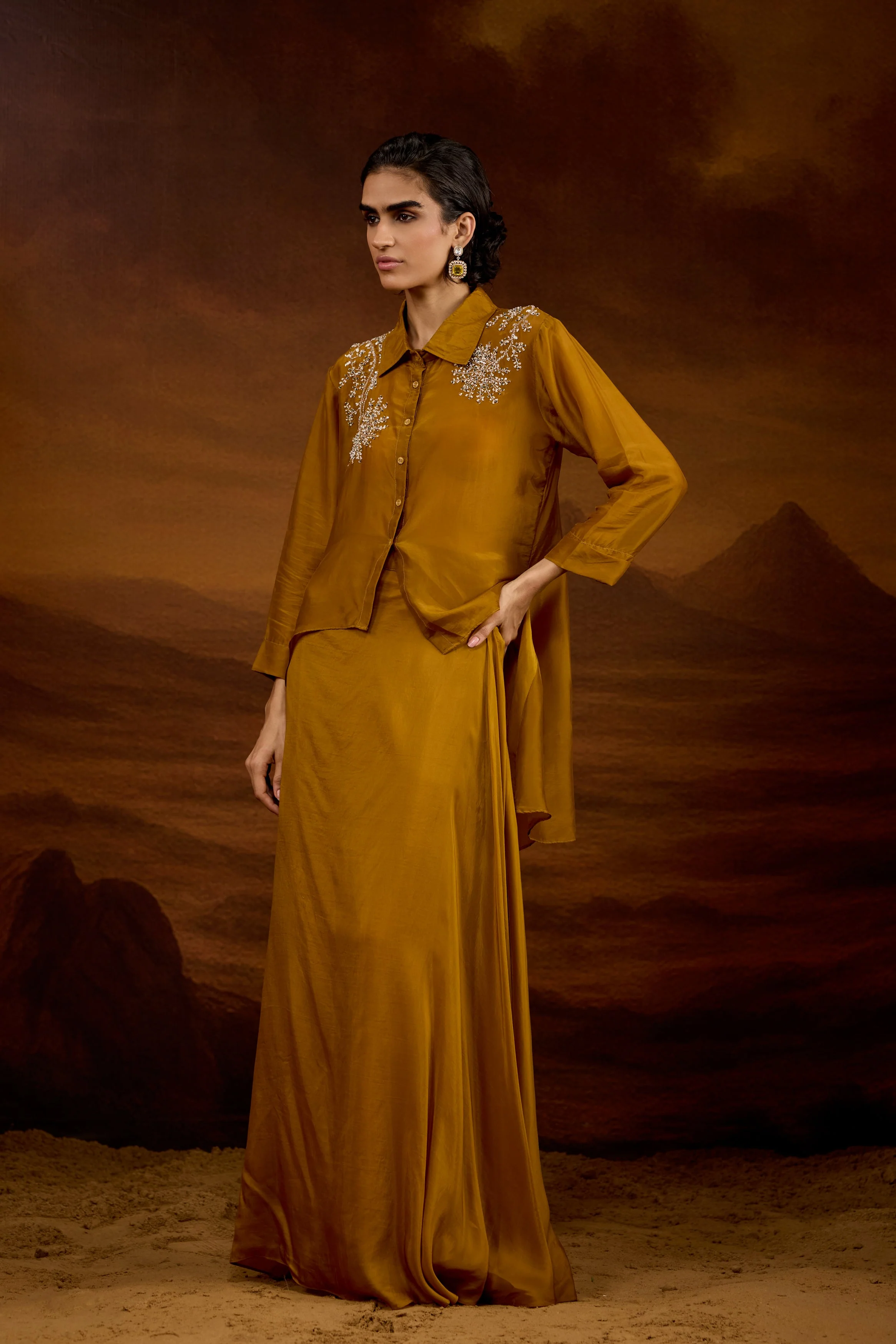 Bronze Gold Embellished Satin Silk Skirt Set - Image 6