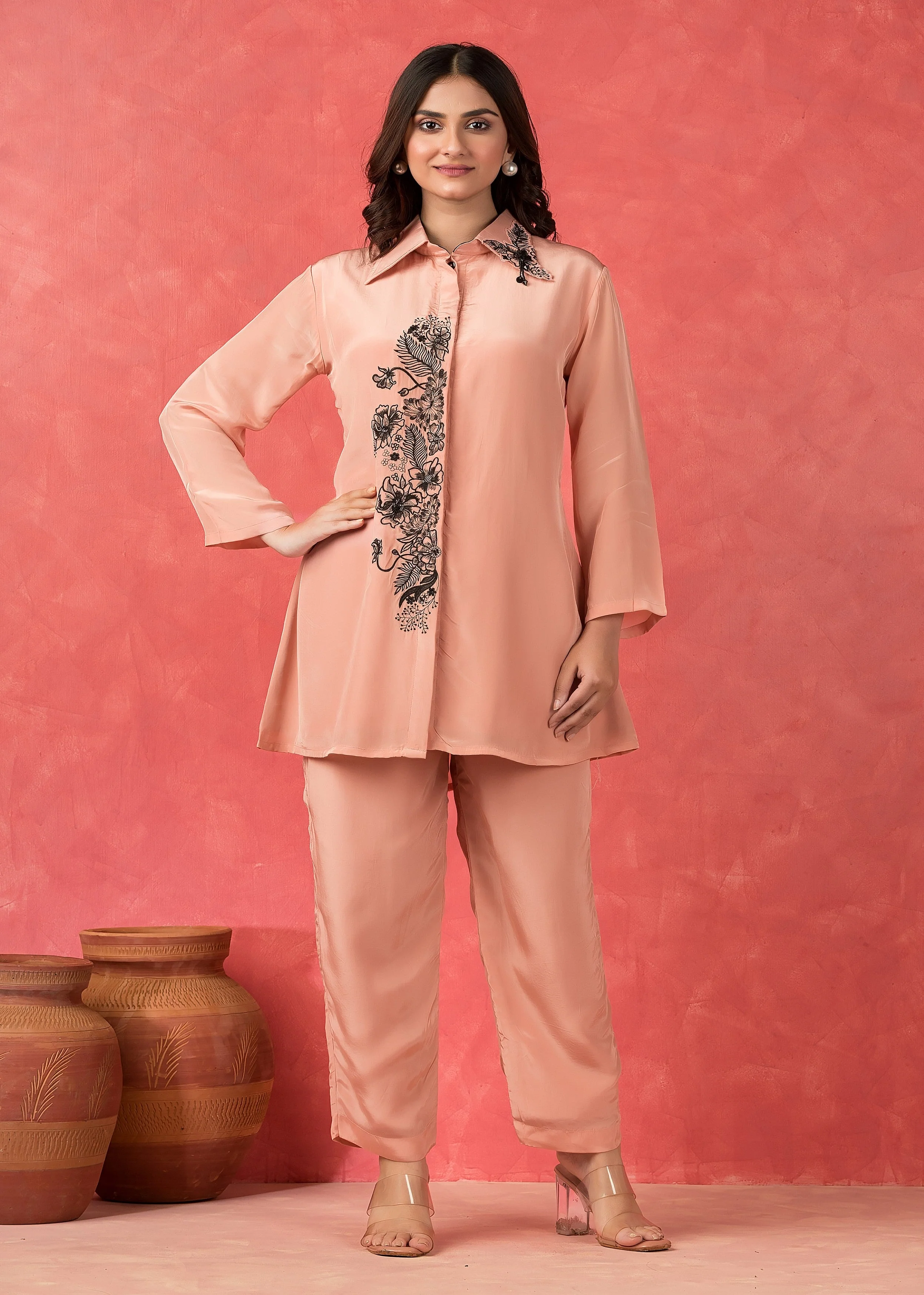 Peach Floral Embroidered Crepe Silk Co-Ord Set - Image 2