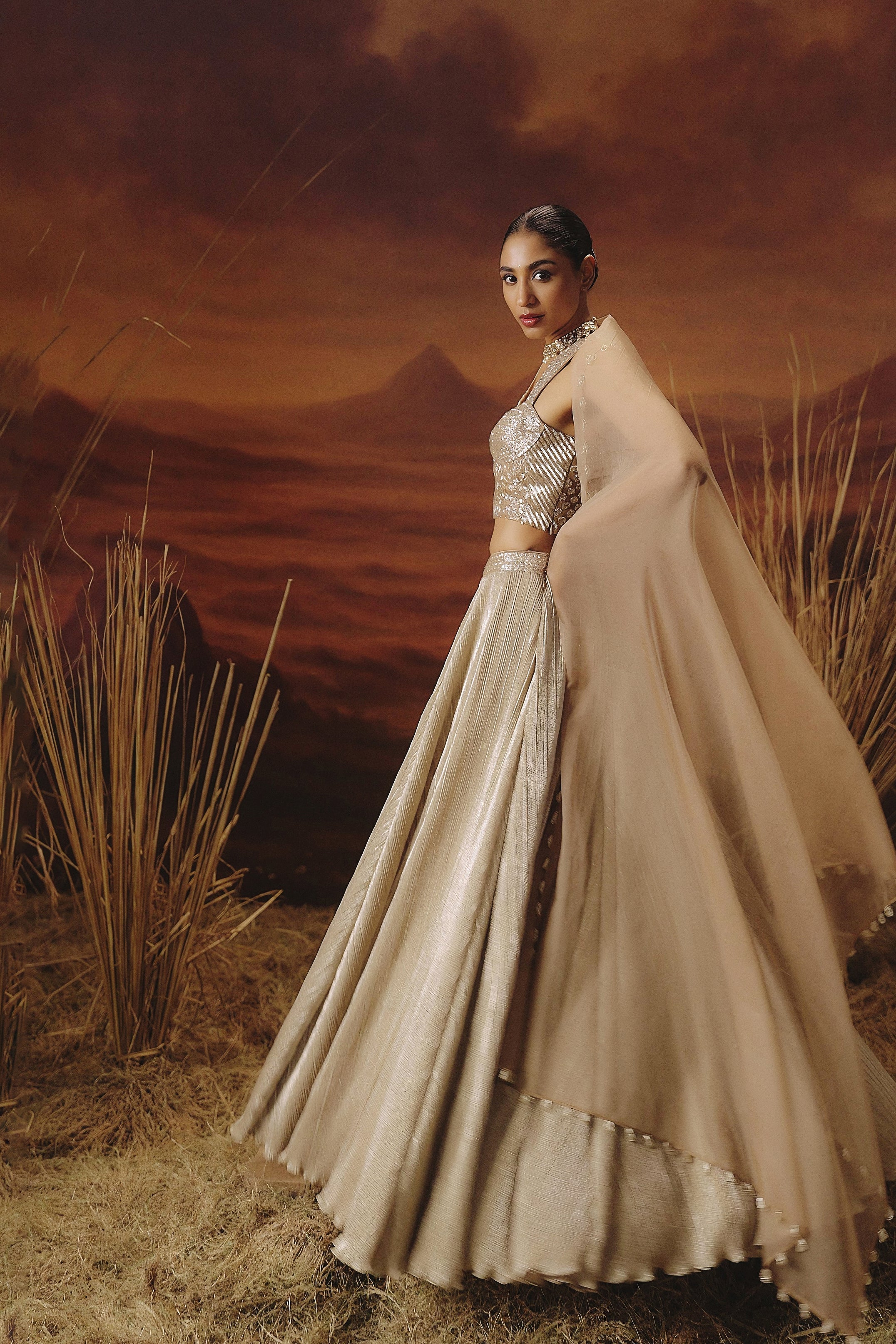 Champagne Gold Embellished Shimmer Lycra Silk Lehenga Set - Image 3